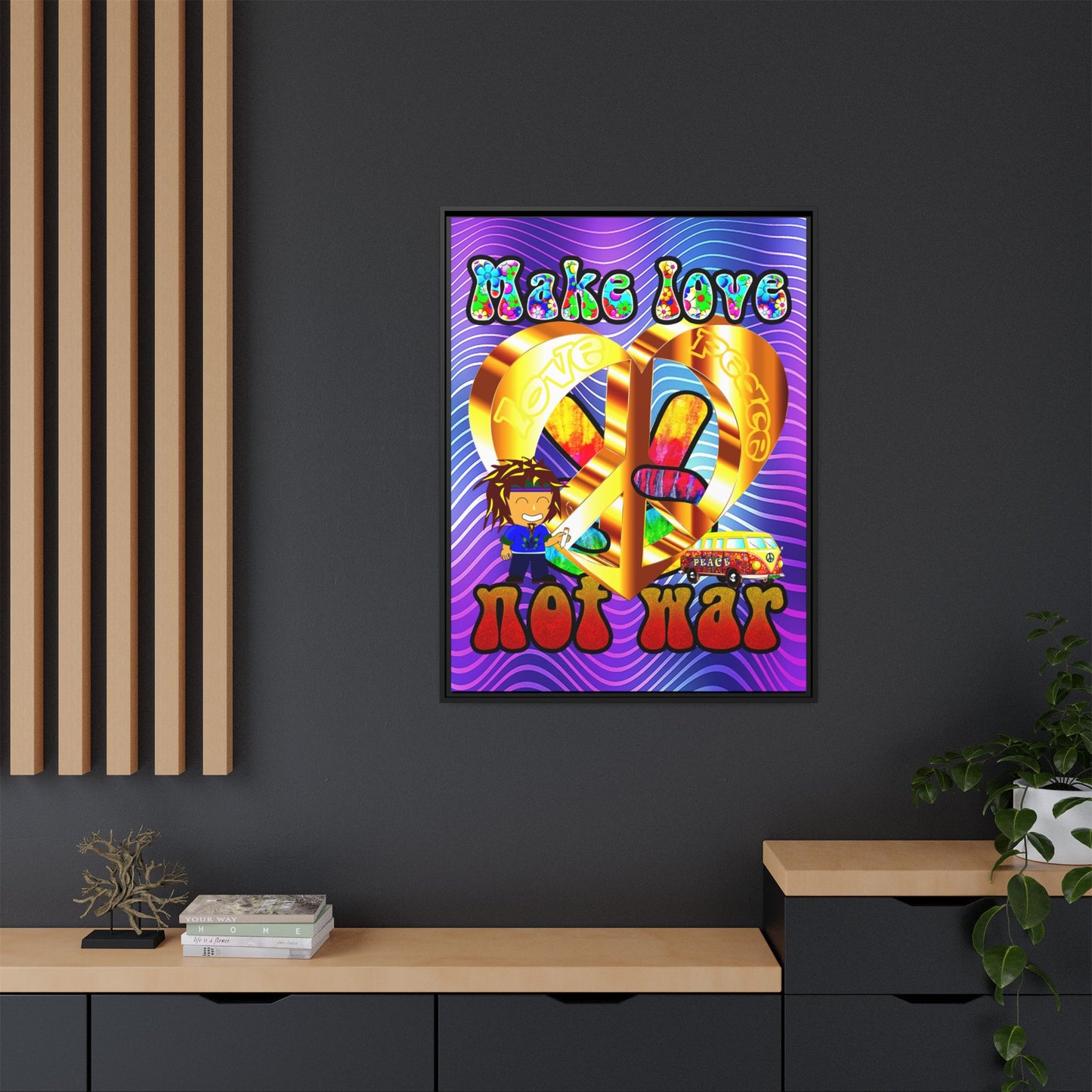 love peace - framed canvas art (purple wave)