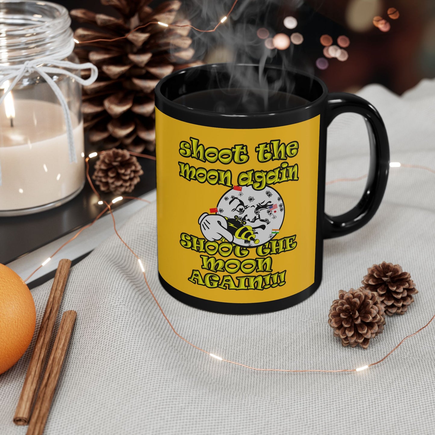 shoot the moon again - Black Mug (yellow)