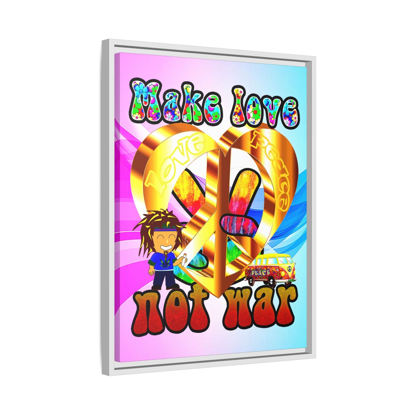 love peace - framed canvas art (light blue-pink wave)