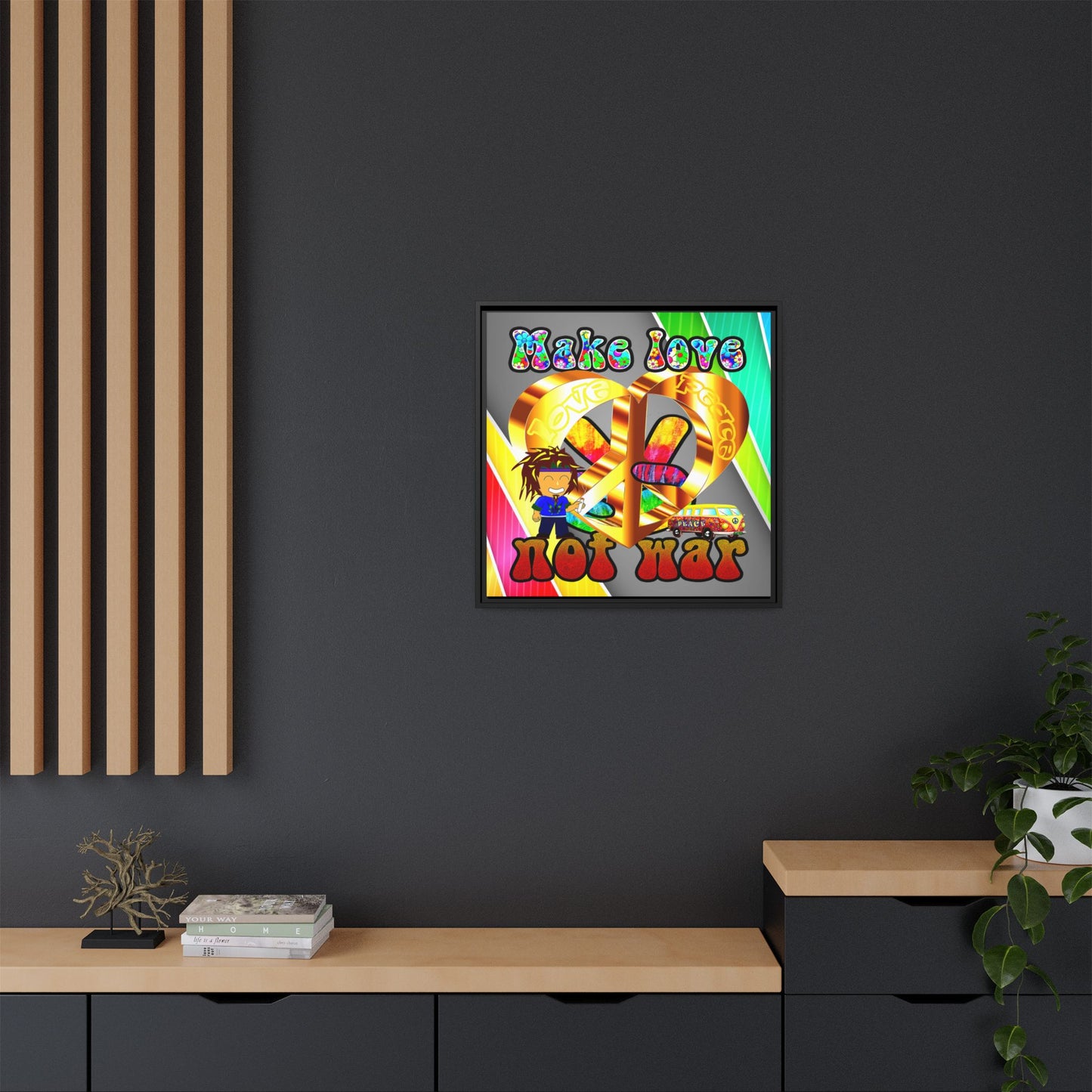 love peace - framed canvas art (rainbow split)