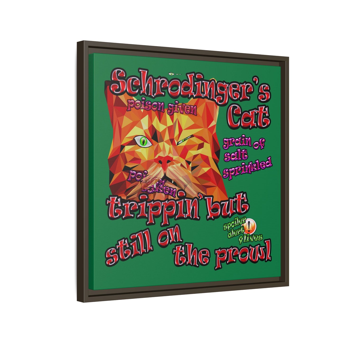 schrodinger's cat - framed canvas art (dark green)
