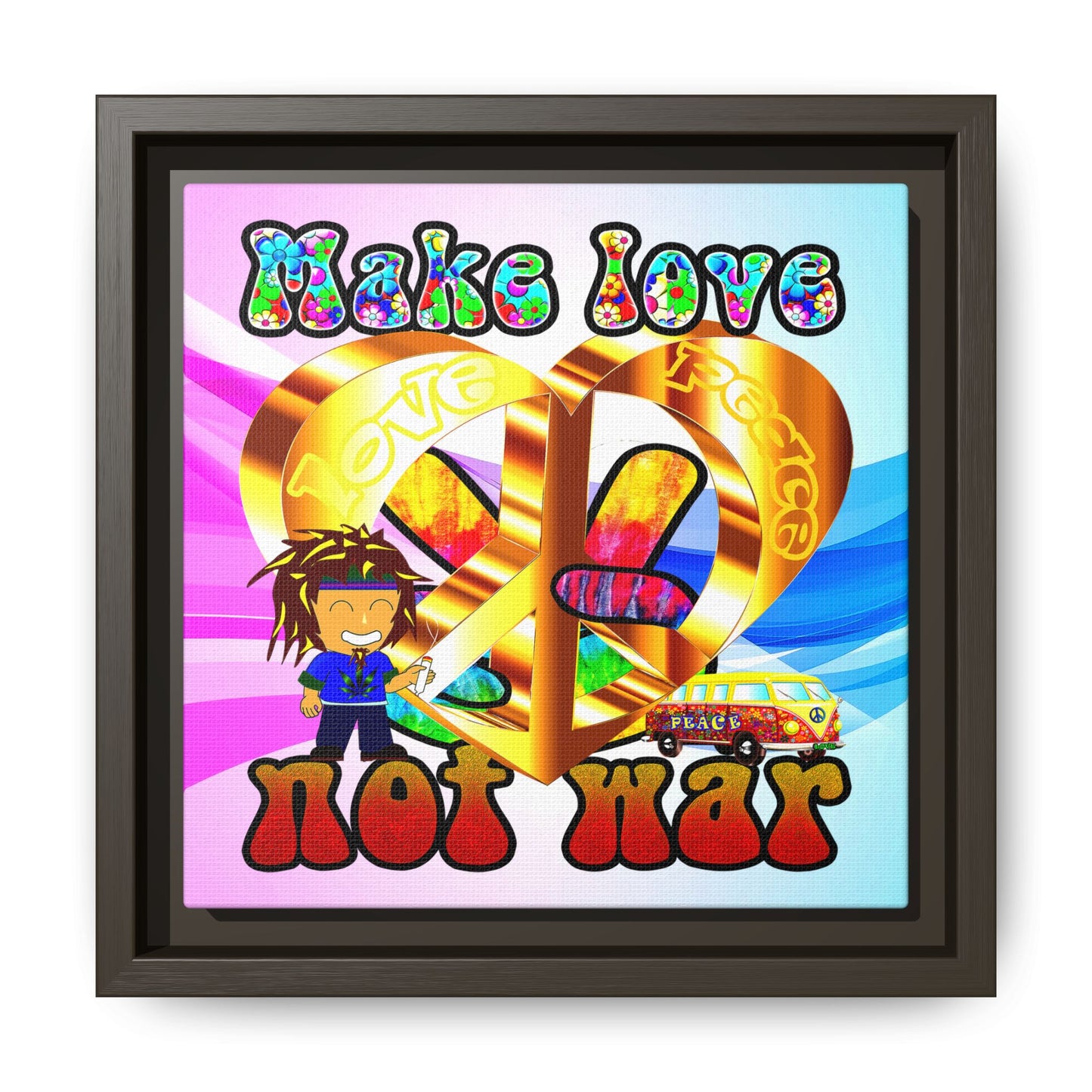 love peace - framed canvas art (light blue-pink wave)