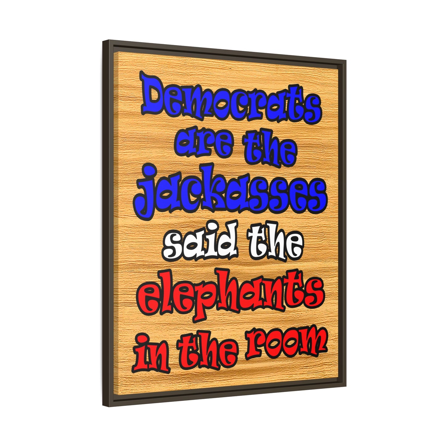 donkeys and elephants - framed canvas art (butterscotch wood finish)