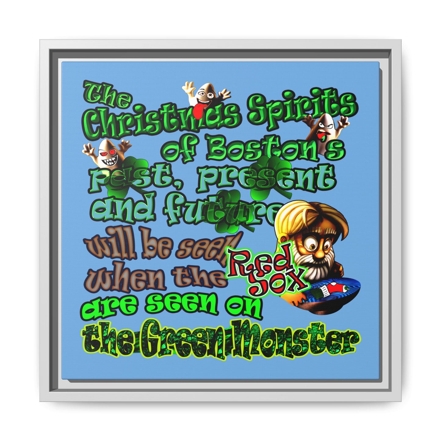 christmas spirits of boston - framed canvas art (light blue)