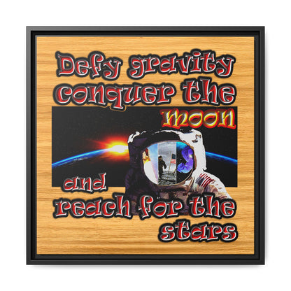 defy conquer reach - framed canvas art (butterscotch wood finish)