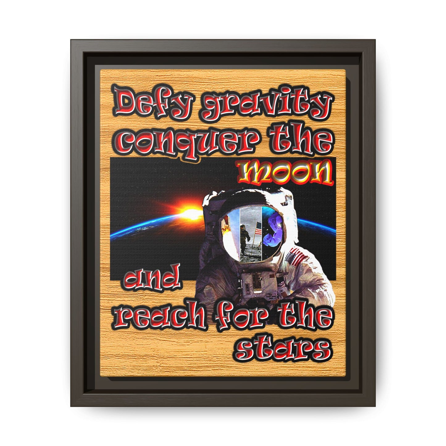 defy conquer reach - framed canvas art (butterscotch wood finish)