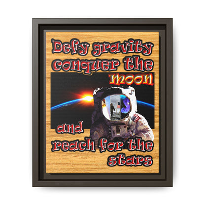 defy conquer reach - framed canvas art (butterscotch wood finish)