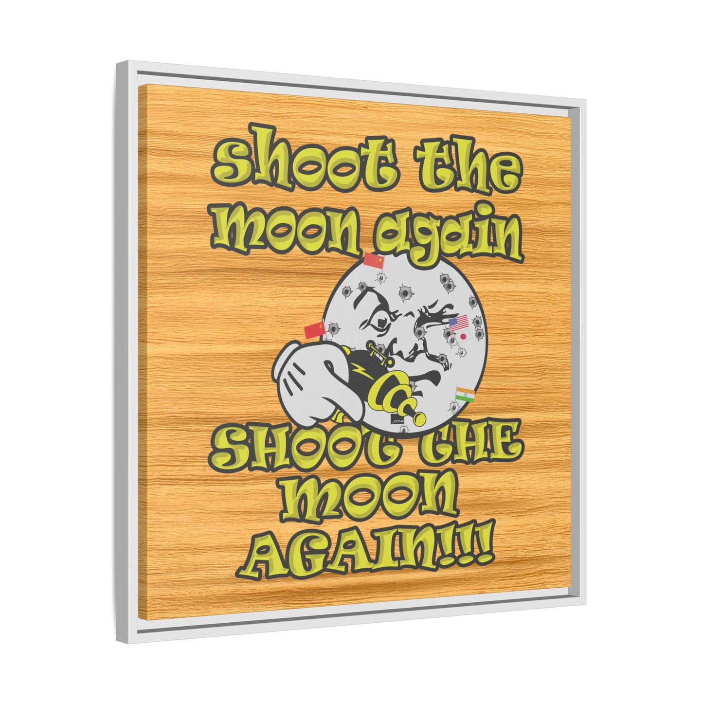 shoot the moon again - framed canvas art (butterscotch wood finish)