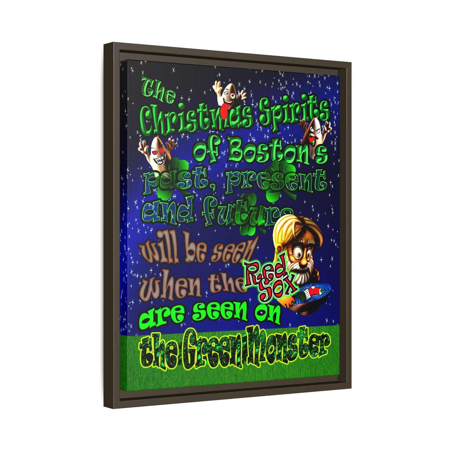 christmas spirits of boston - framed canvas art ('snoops' background)