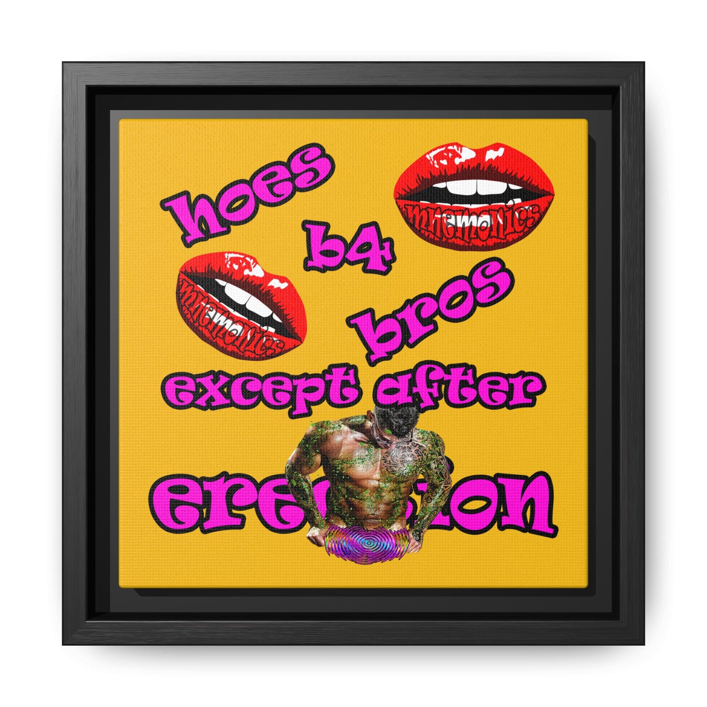 hoes b4 bros - framed canvas art (yellow)