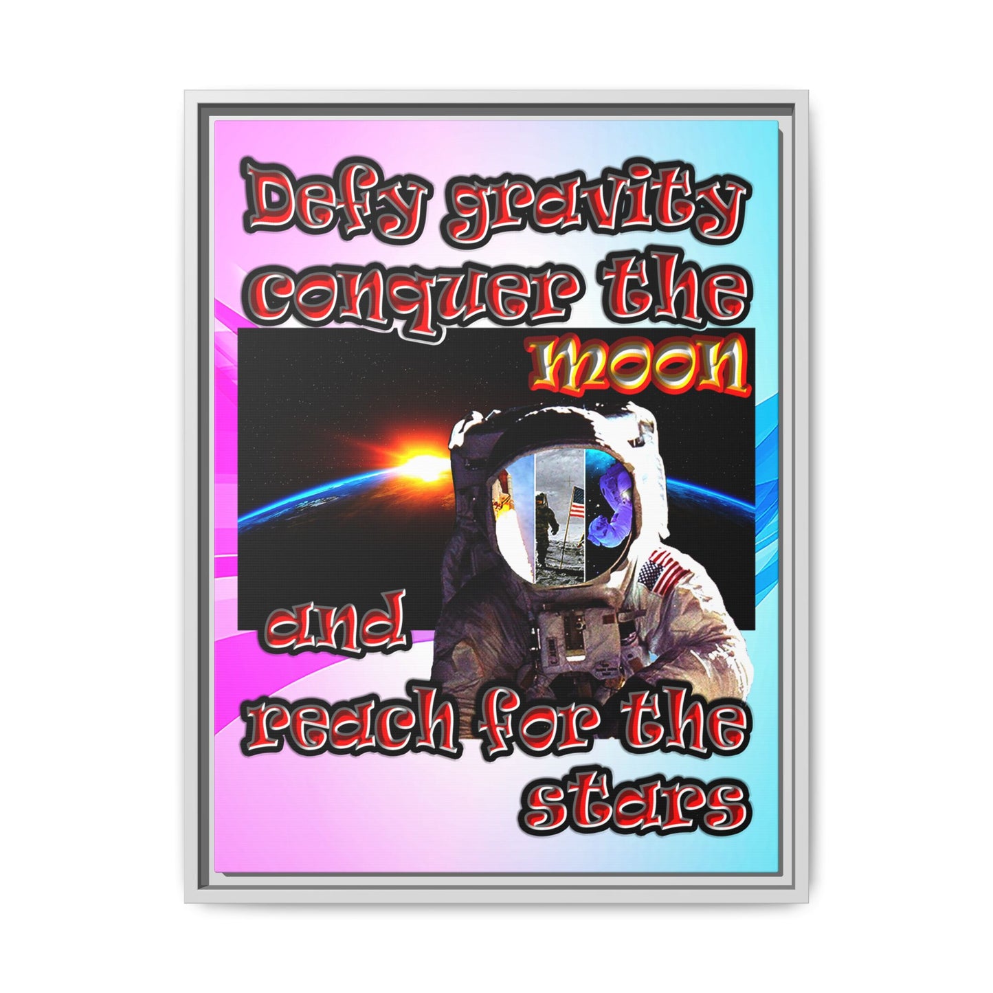 defy conquer reach - framed canvas art (light blue-pink wave)