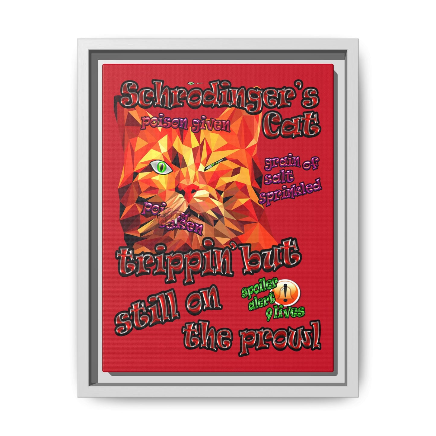 schrodinger's cat - framed canvas art (dark red)