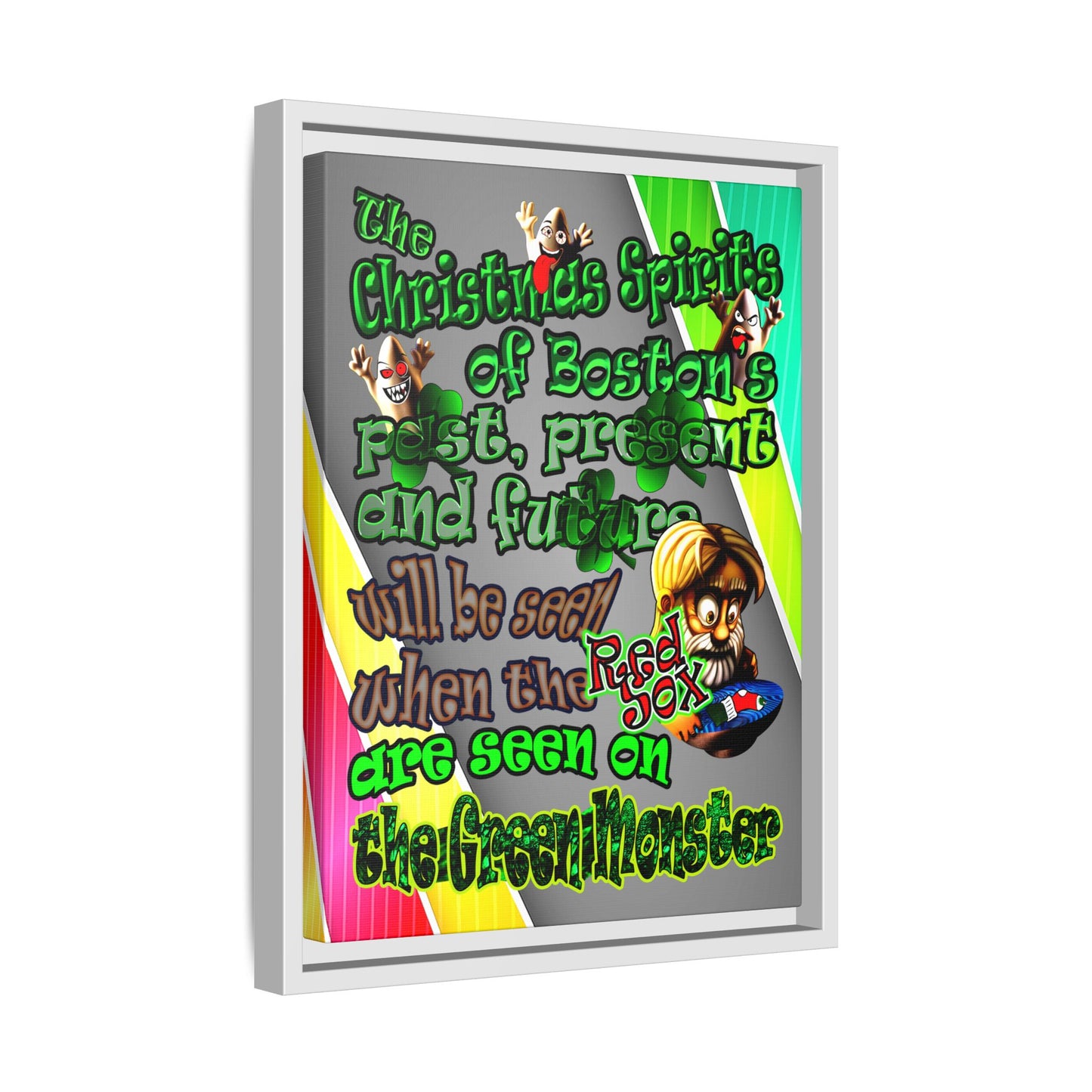 christmas spirits of boston - framed canvas art (rainbow split)