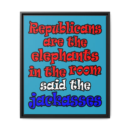 donkeys and elephants - framed canvas art (turquoise)