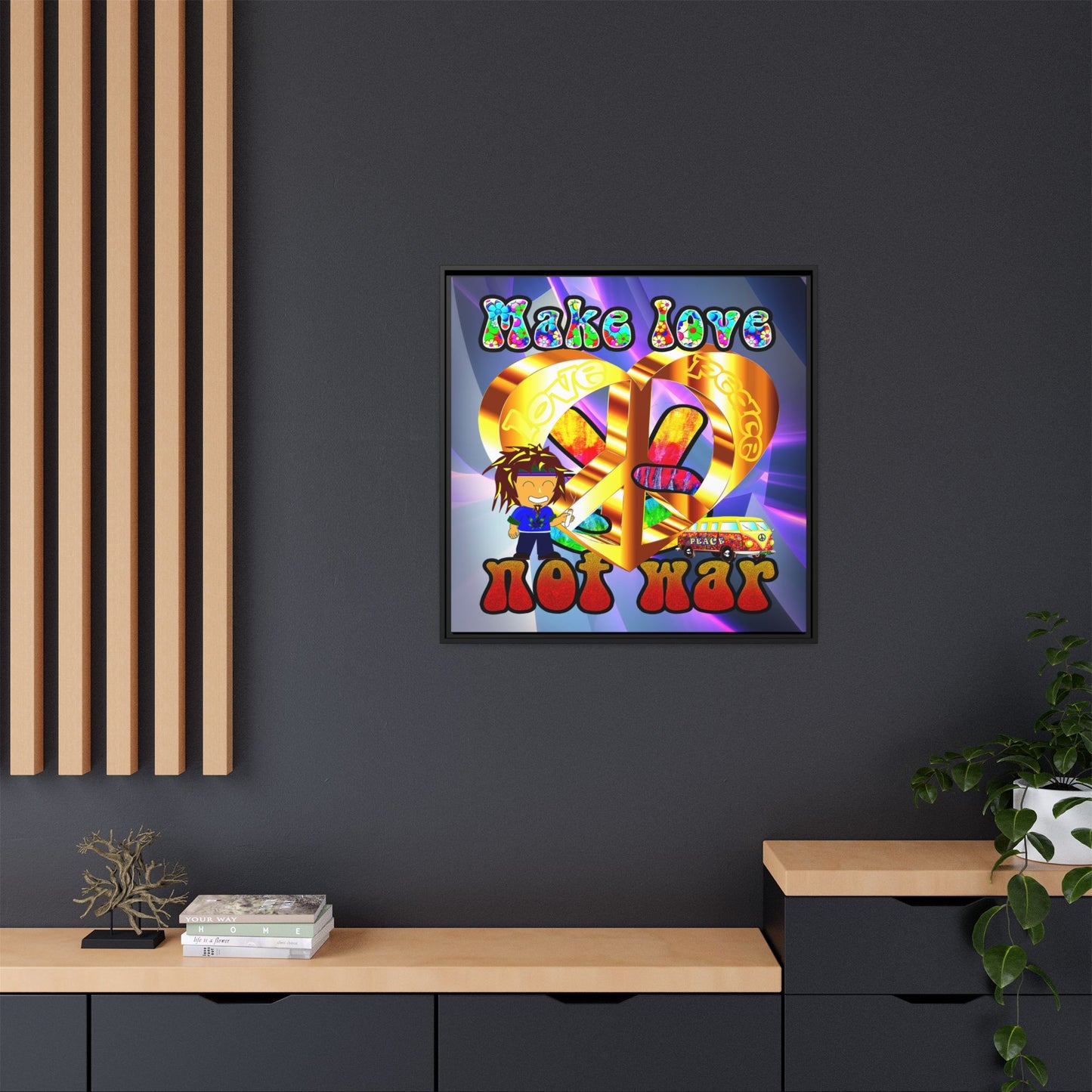love peace - framed canvas art (grey-pink wave)