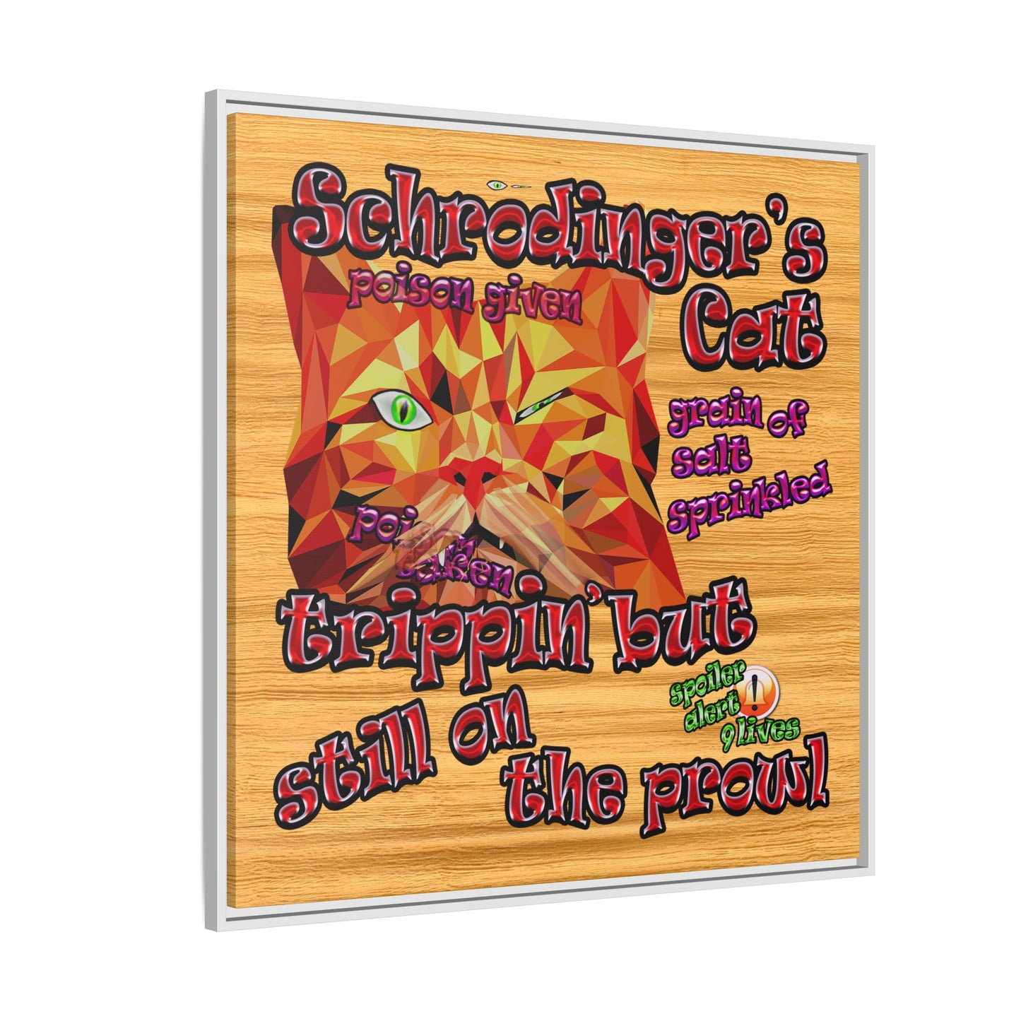 schrodinger's cat - framed canvas art (butterscotch wood finish)