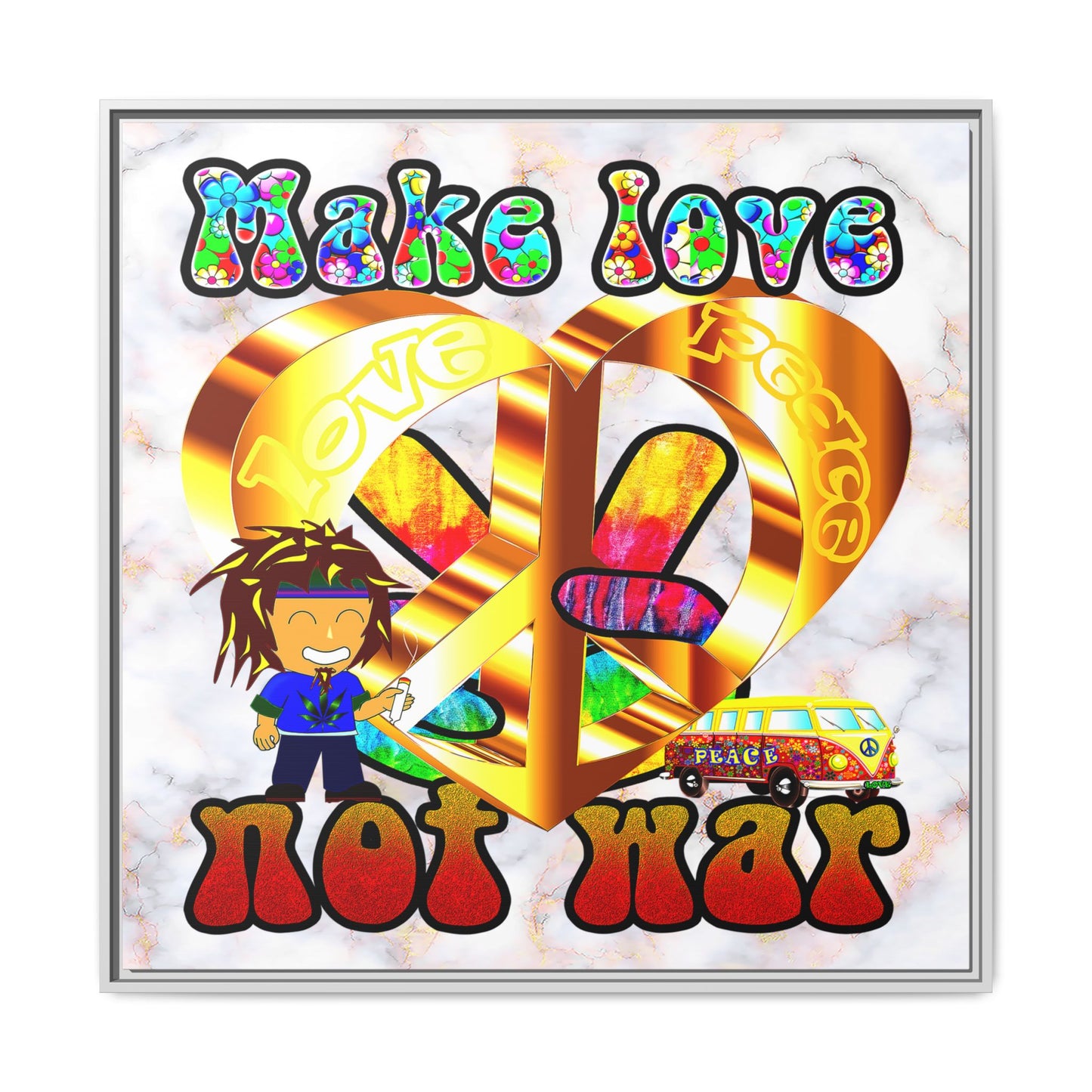 love peace - framed canvas art (white marble)
