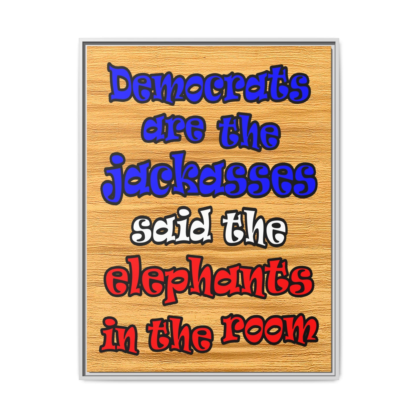 donkeys and elephants - framed canvas art (butterscotch wood finish)