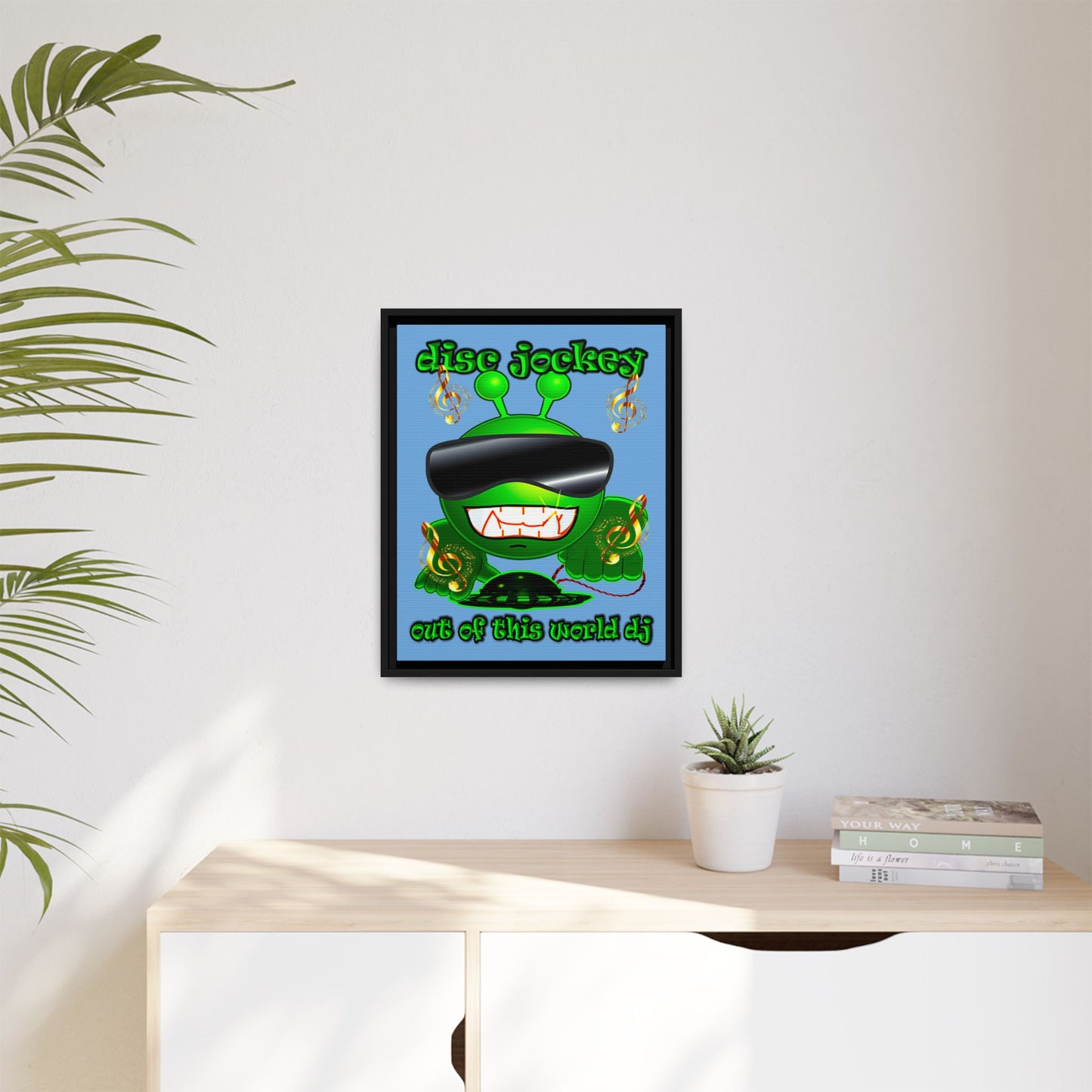 disc jockey - framed canvas art (light blue)