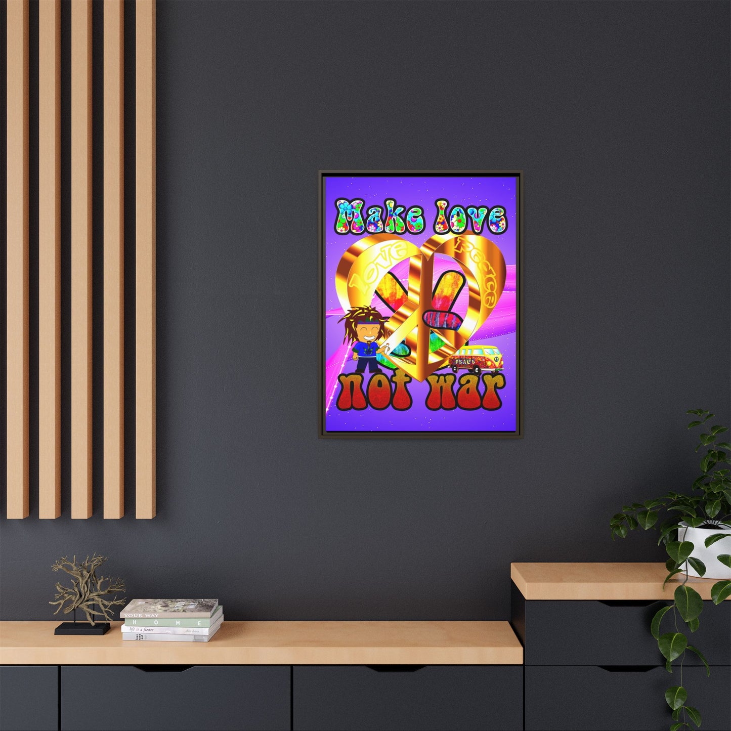 love peace - framed canvas art (purple-pink wave)