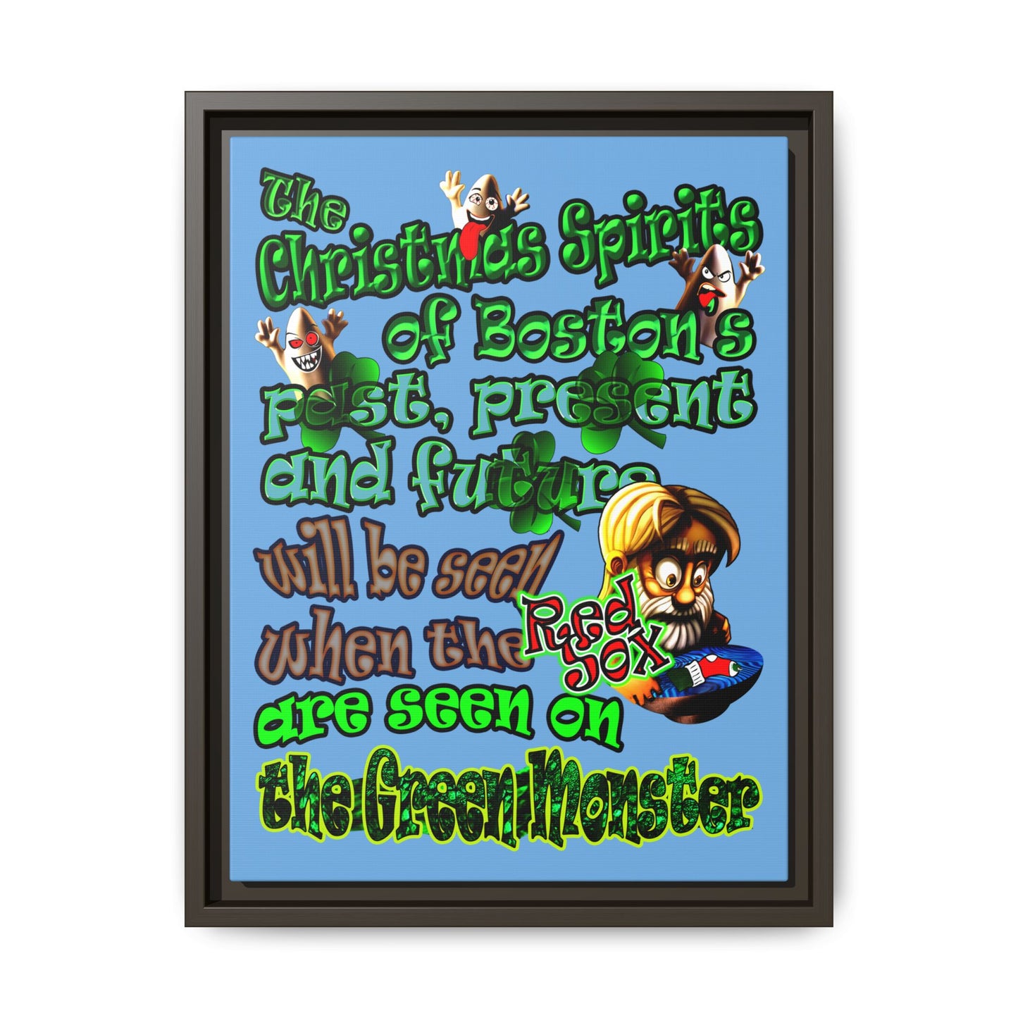 christmas spirits of boston - framed canvas art (light blue)