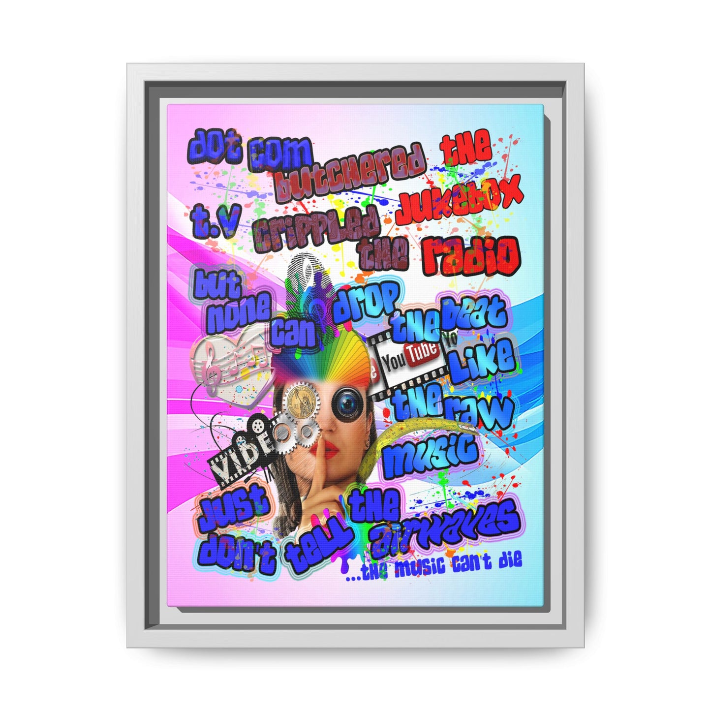 drop the beat - framed canvas art (light blue-pink wave)