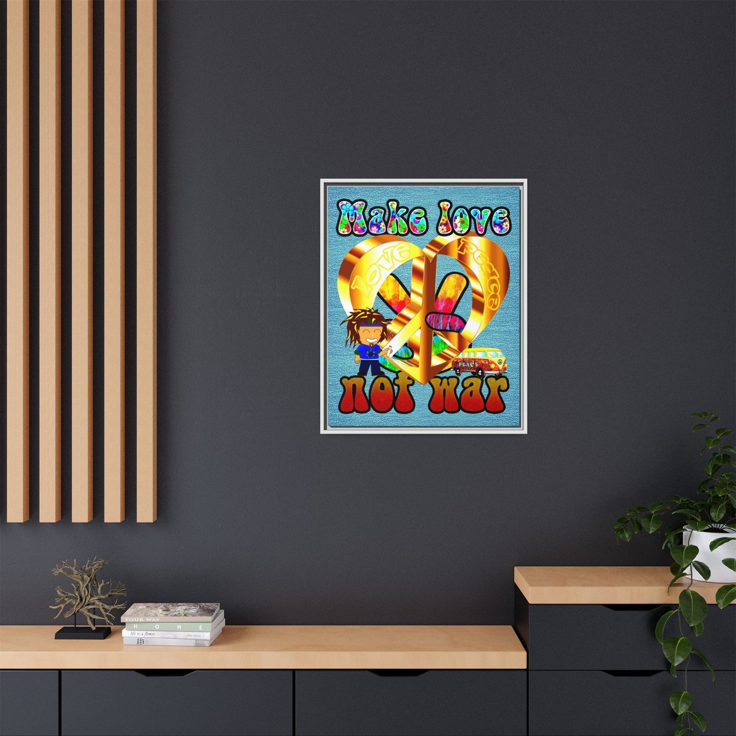 love peace - framed canvas art (faded blue)