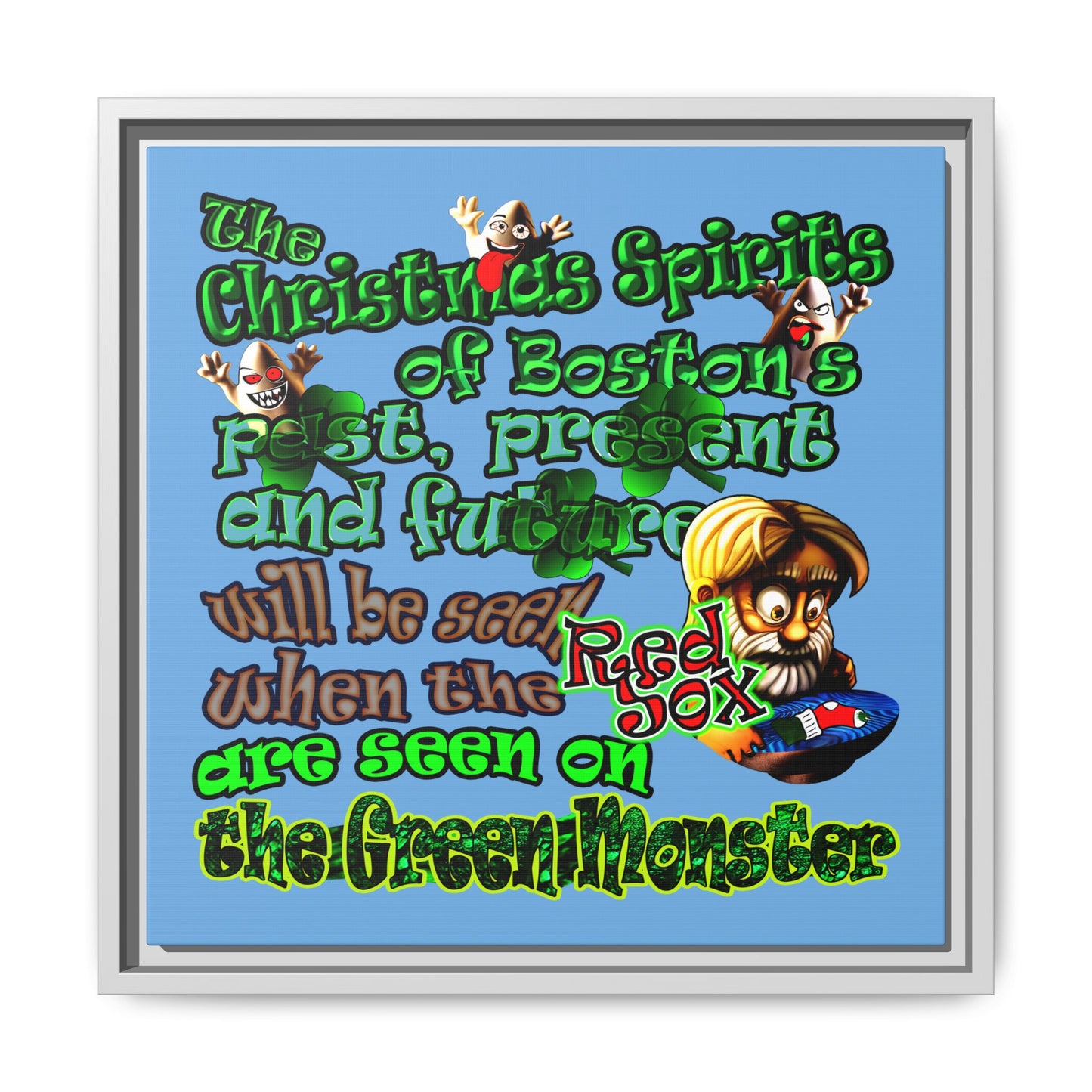 christmas spirits of boston - framed canvas art (light blue)