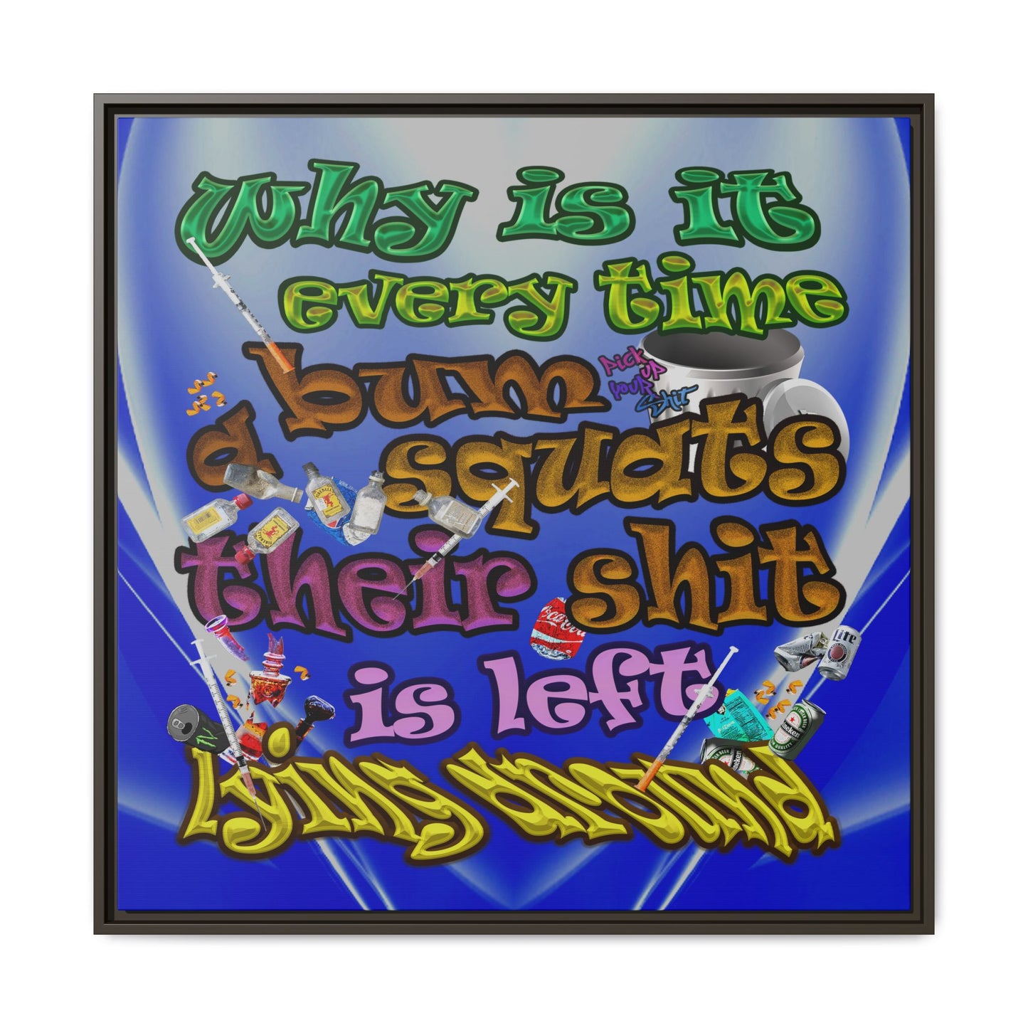 the bum's shit - framed canvas art (blue-white wave)