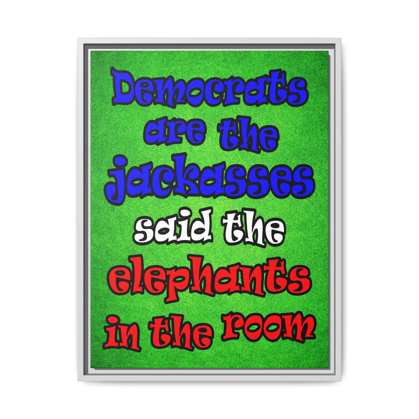 donkeys and elephants - framed canvas art (green turf)