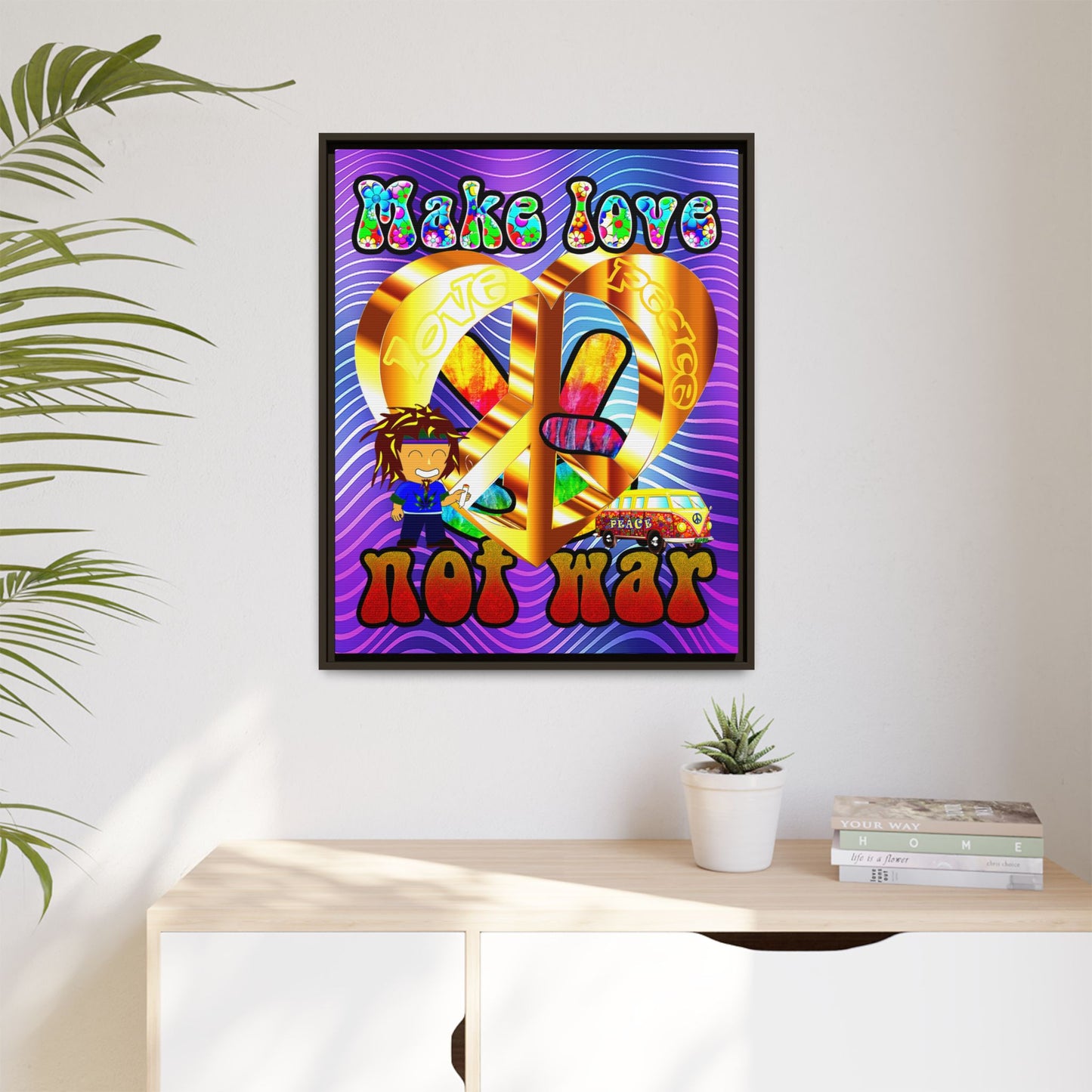 love peace - framed canvas art (purple wave)