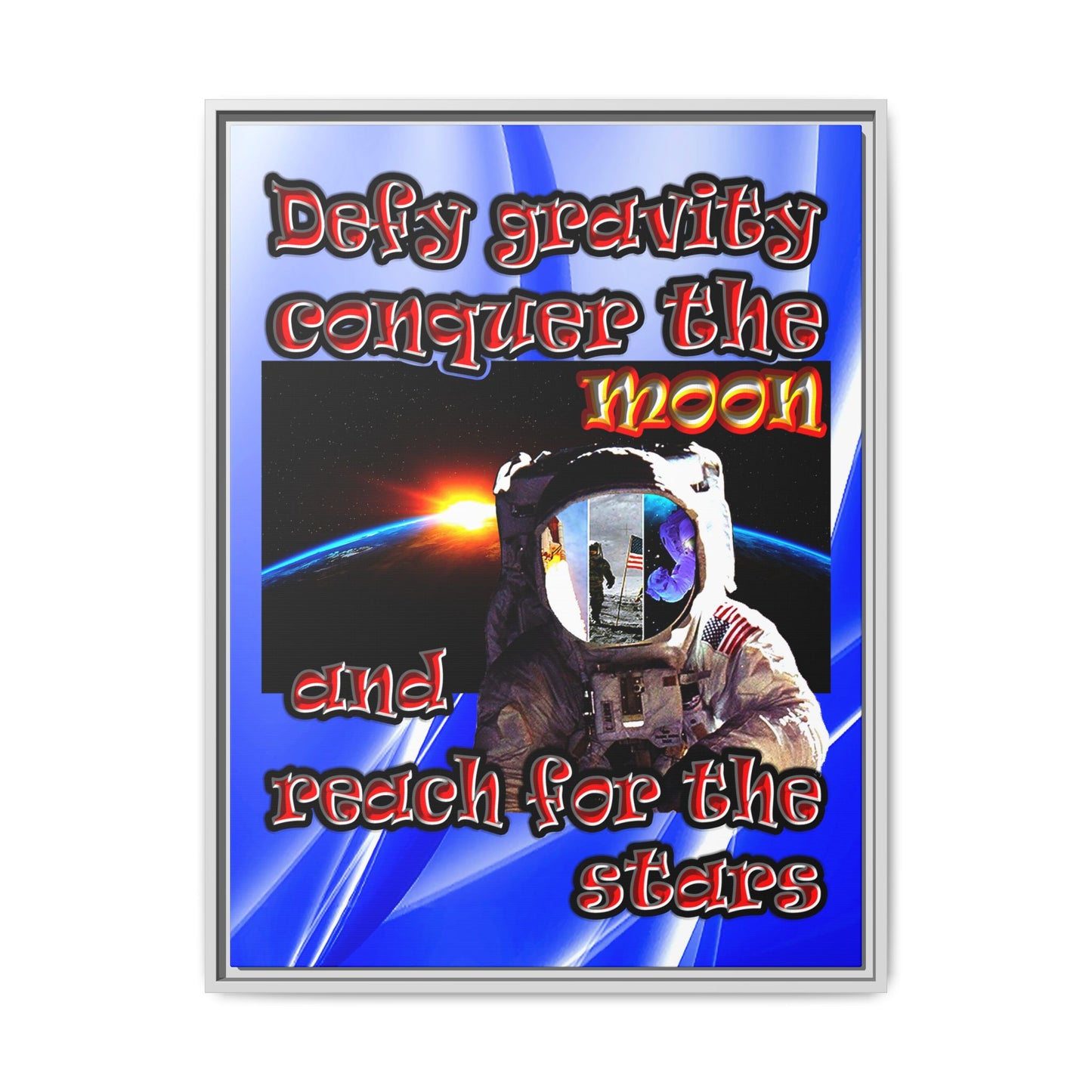 defy conquer reach - framed canvas art (blue-white wave)