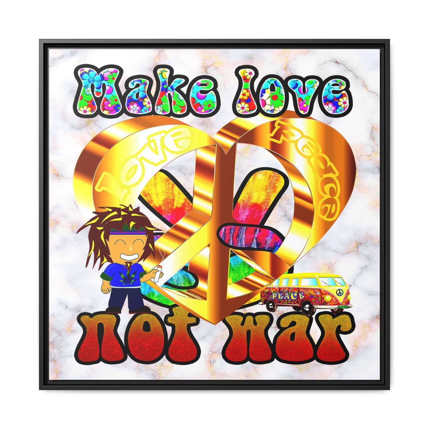 love peace - framed canvas art (white marble)