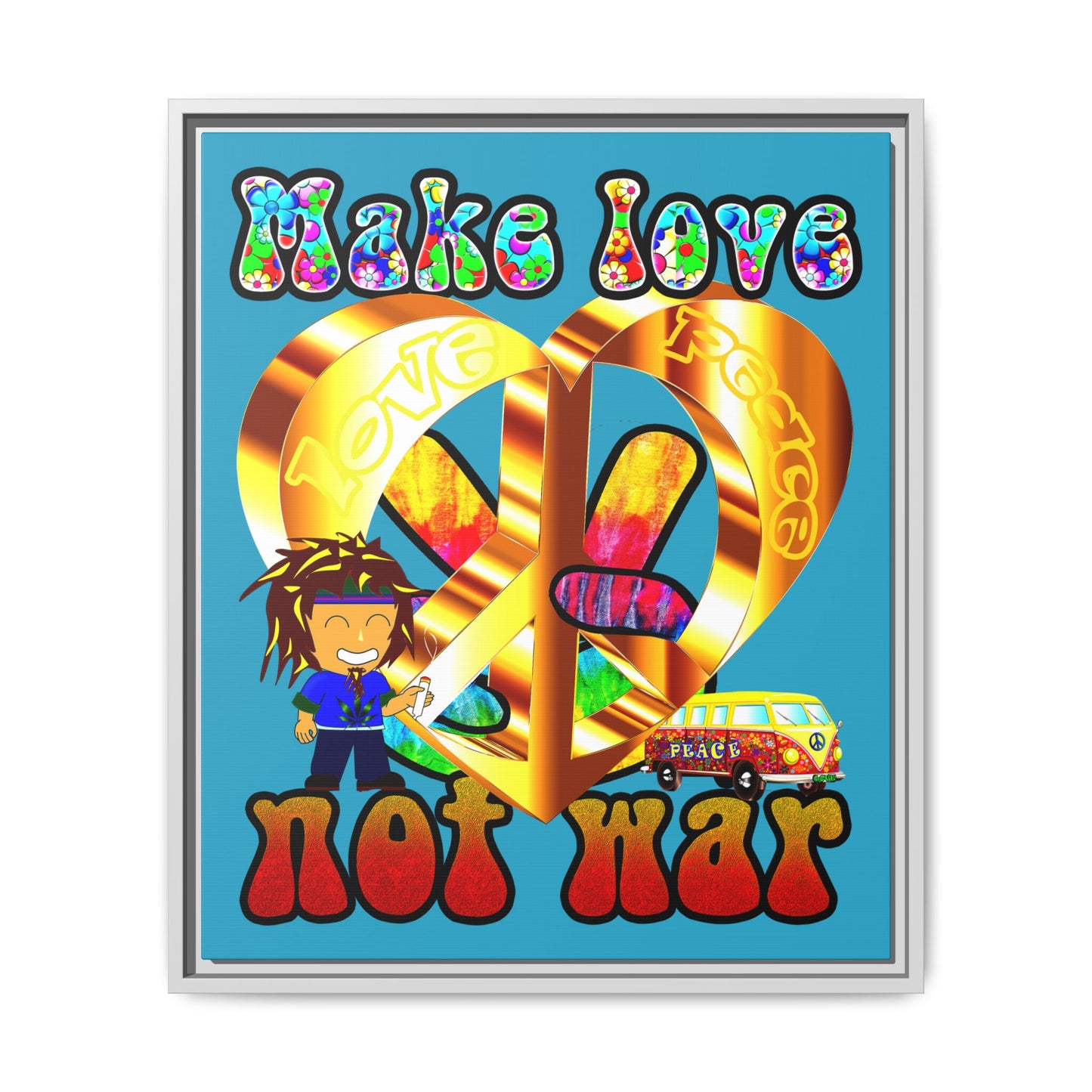 love peace - framed canvas art (turquoise)