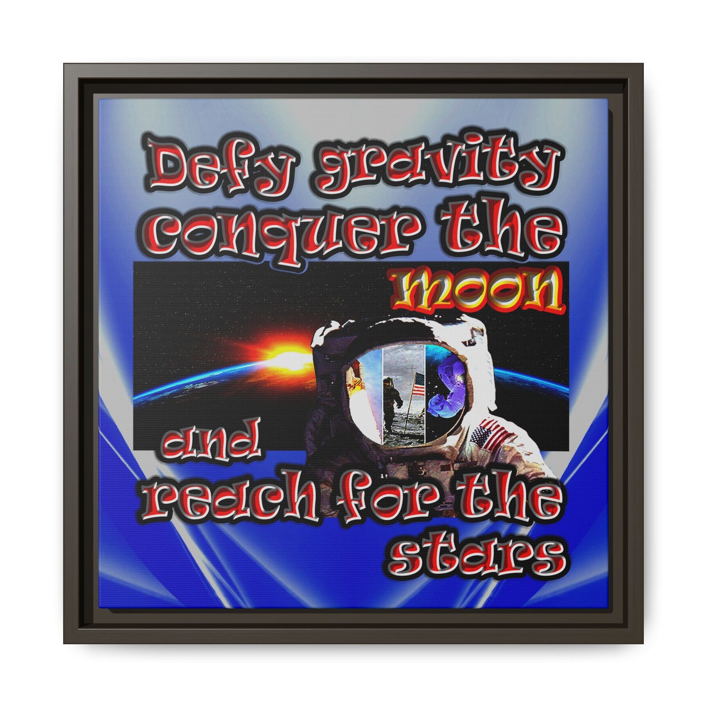 defy conquer reach - framed canvas art (blue-white wave)