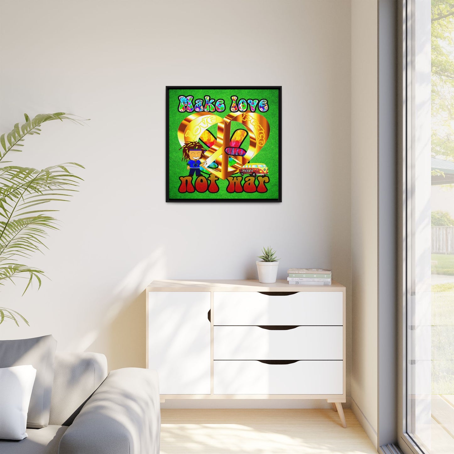 love peace - framed canvas art (green turf)