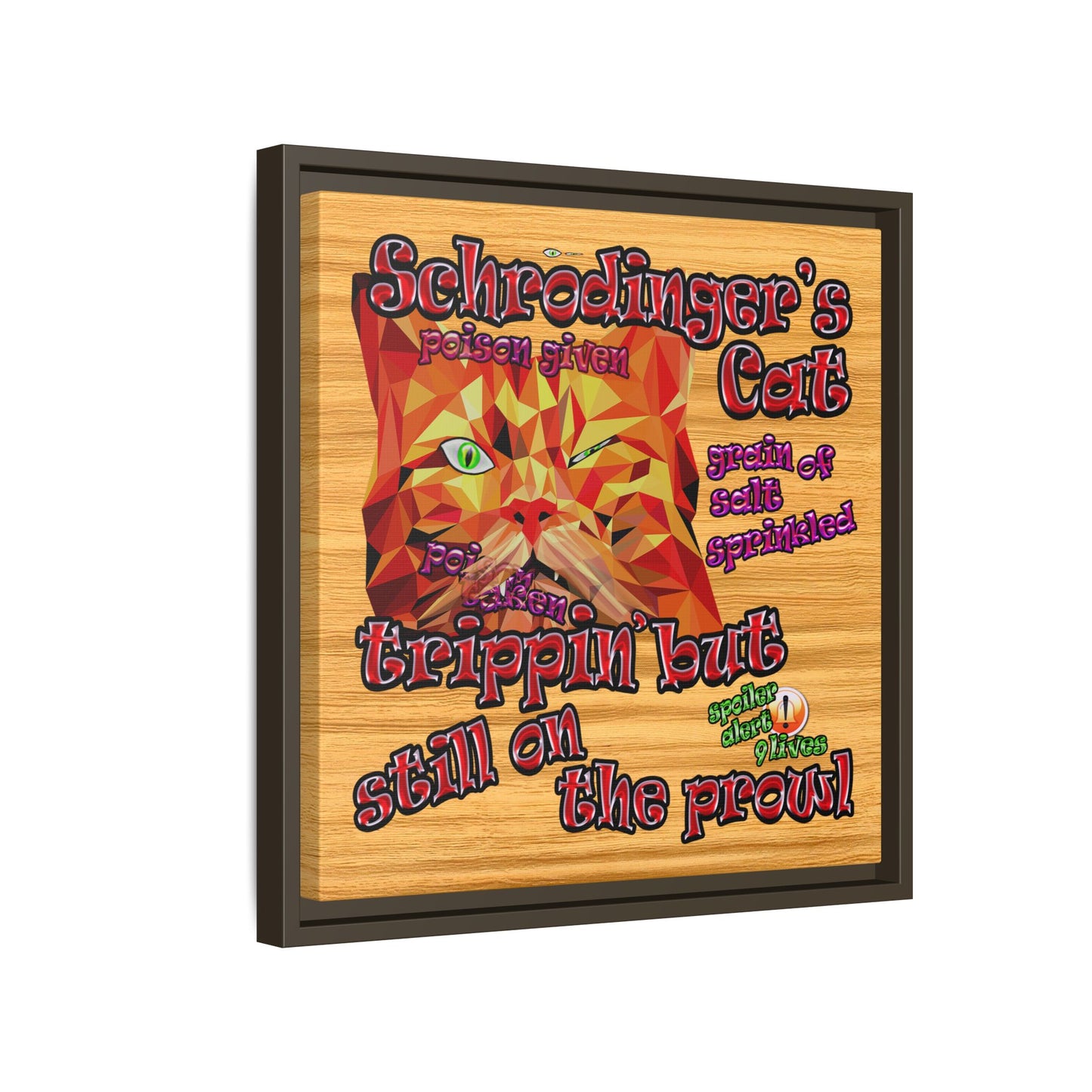 schrodinger's cat - framed canvas art (butterscotch wood finish)
