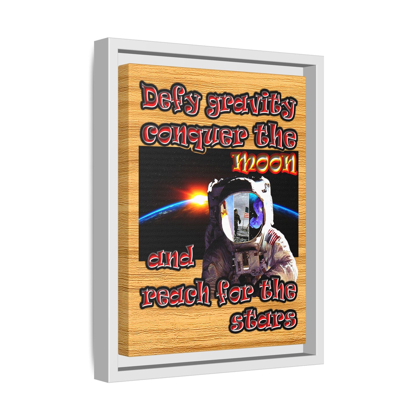 defy conquer reach - framed canvas art (butterscotch wood finish)