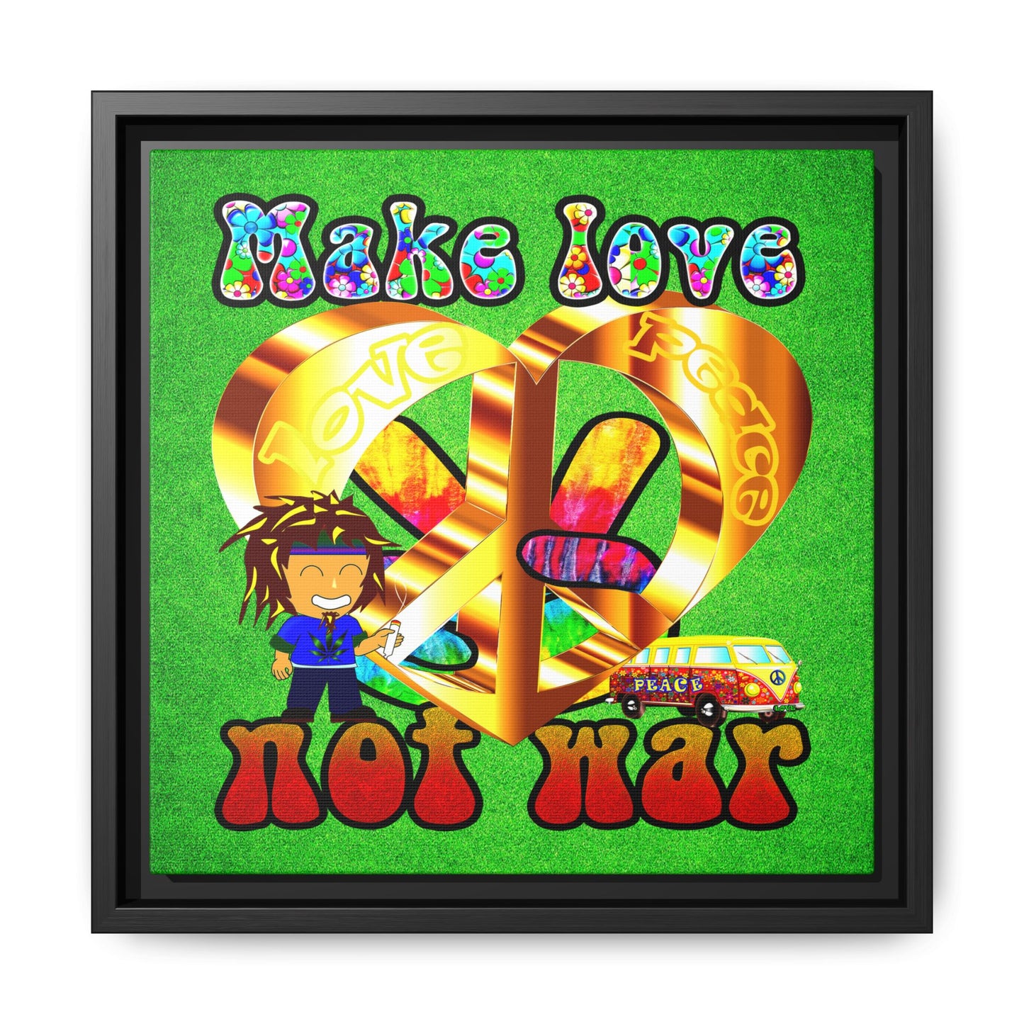 love peace - framed canvas art (green turf)