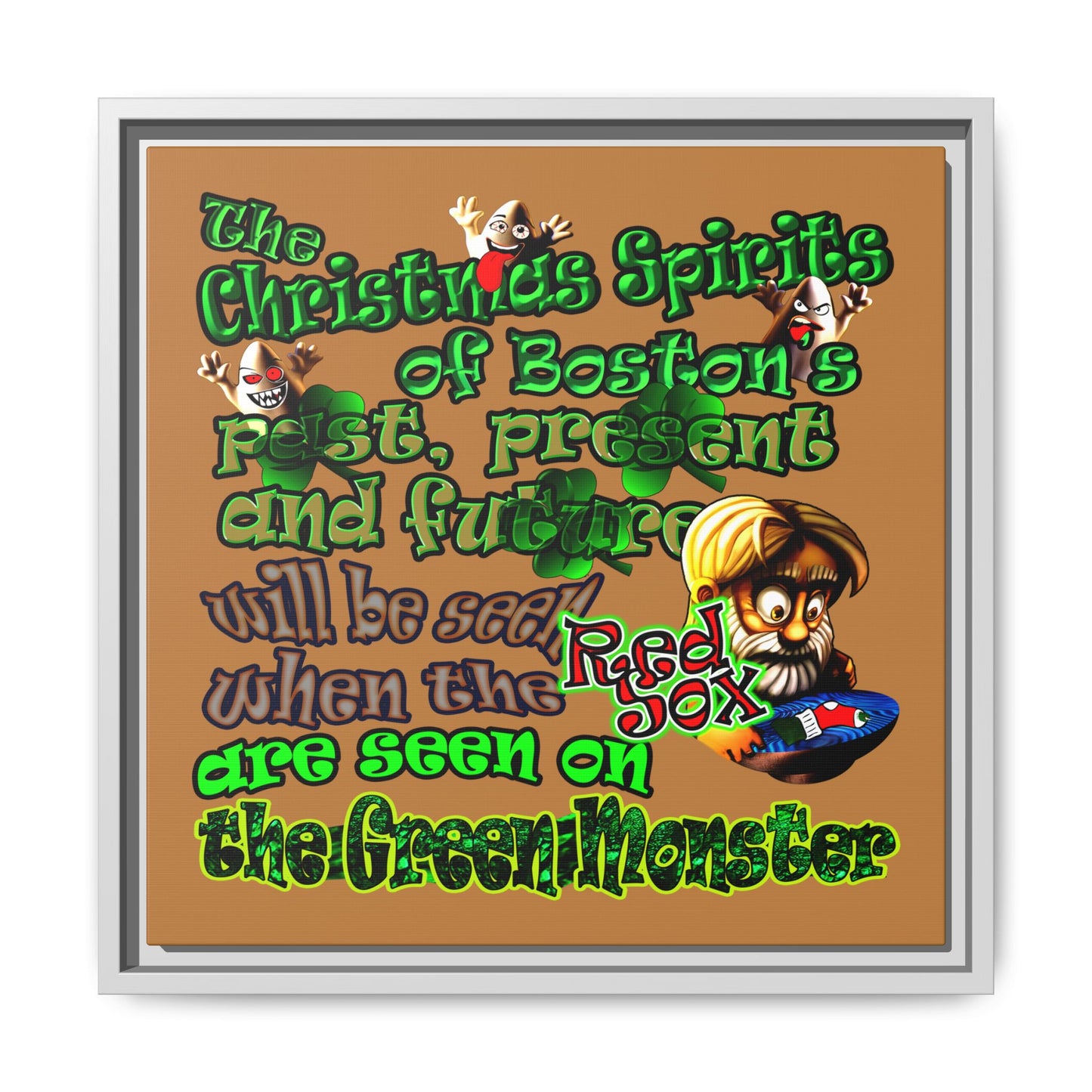 christmas spirits of boston - framed canvas art (light brown)