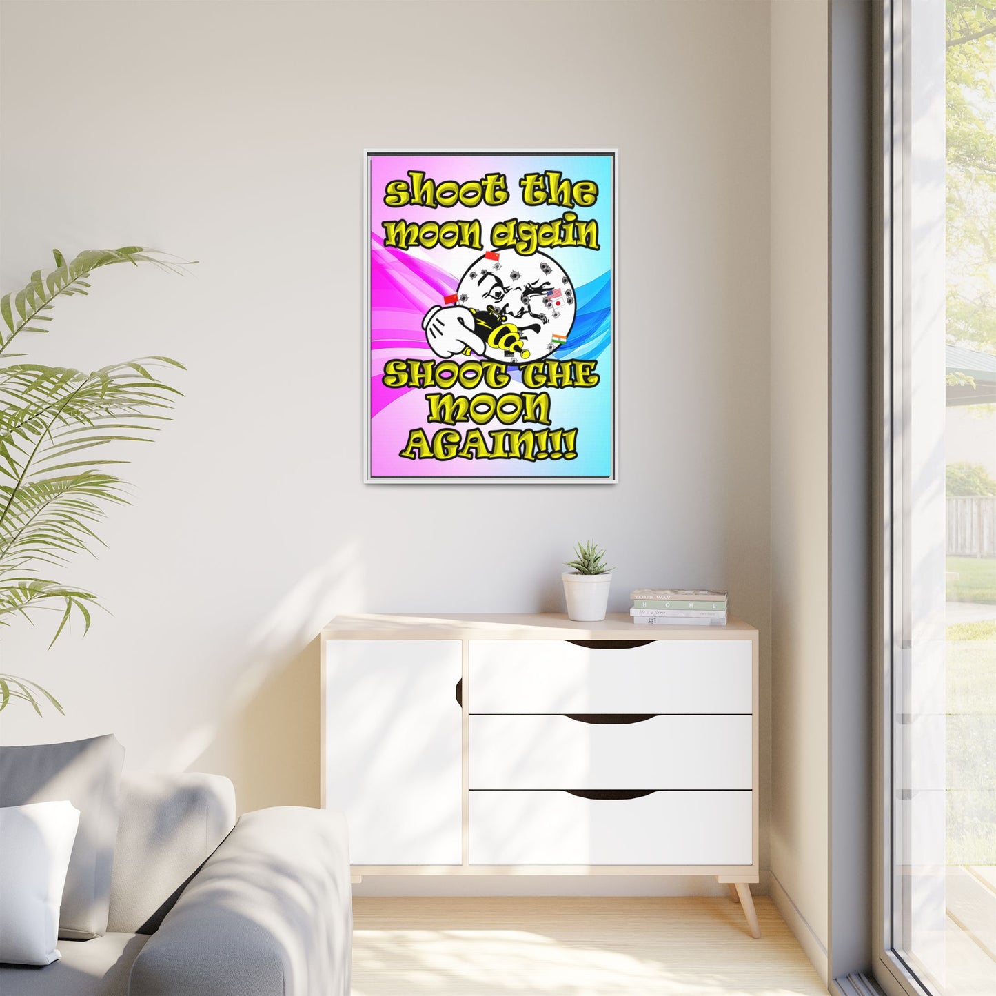 shoot the moon again - framed canvas art (light blue-pink wave)