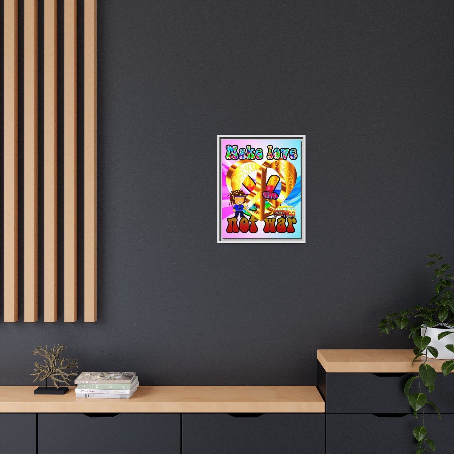 love peace - framed canvas art (light blue-pink wave)