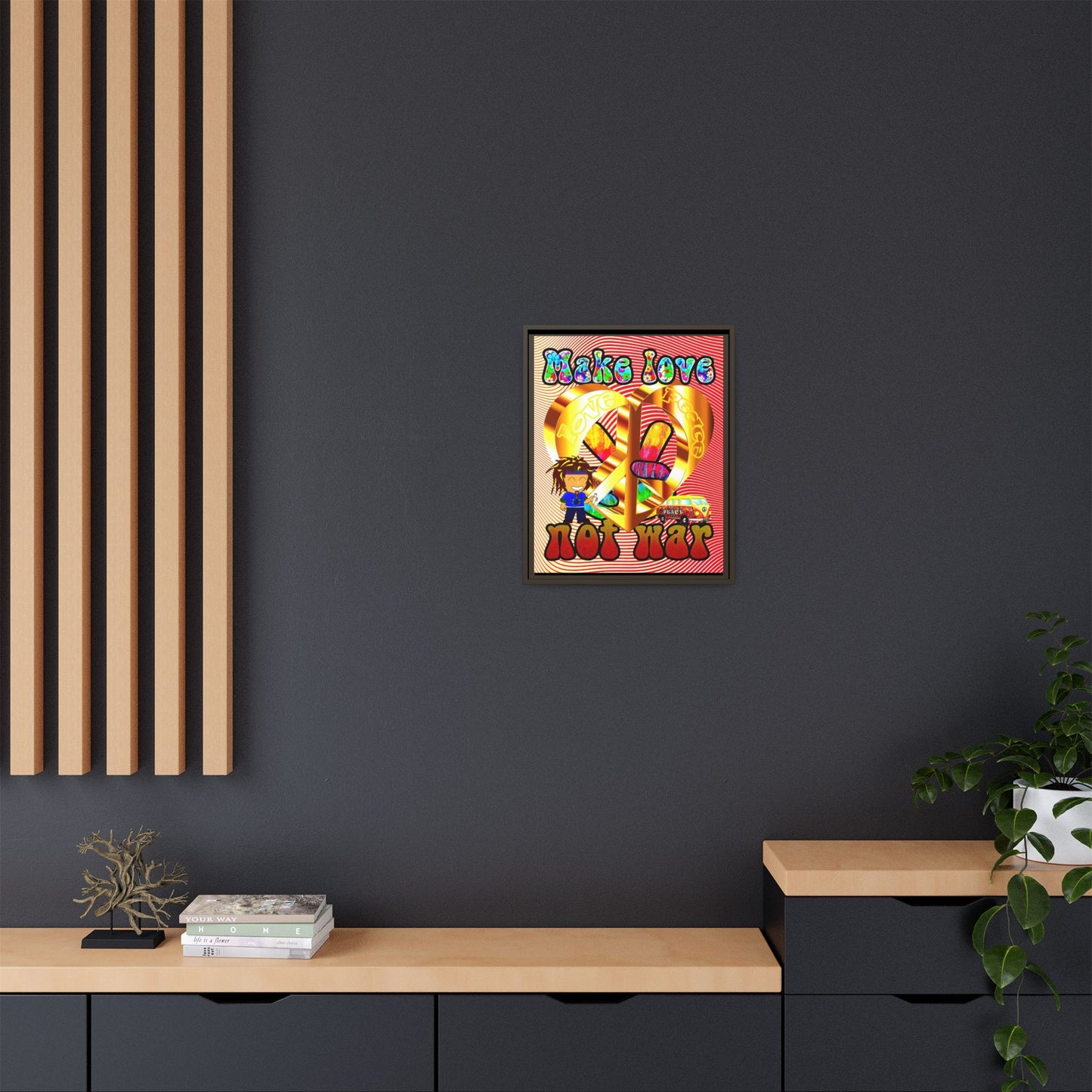 love peace - framed canvas art (yellow-orange wave)