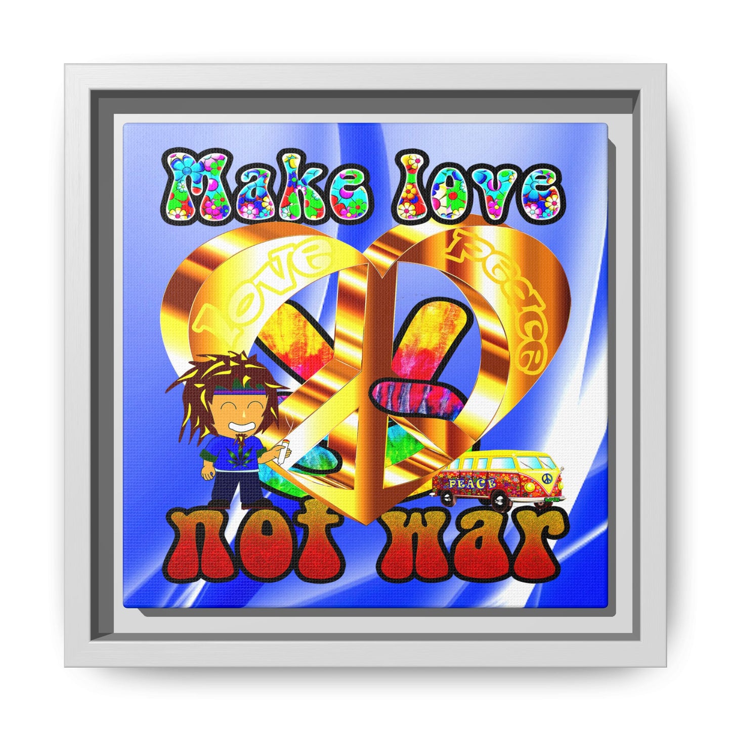 love peace - framed canvas art (blue-white wave)