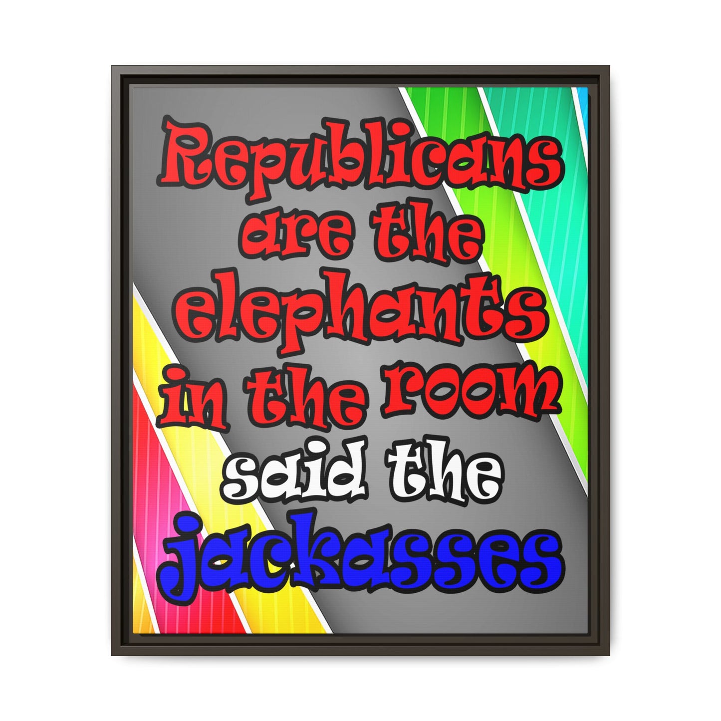 donkeys and elephants - framed canvas art (rainbow split)