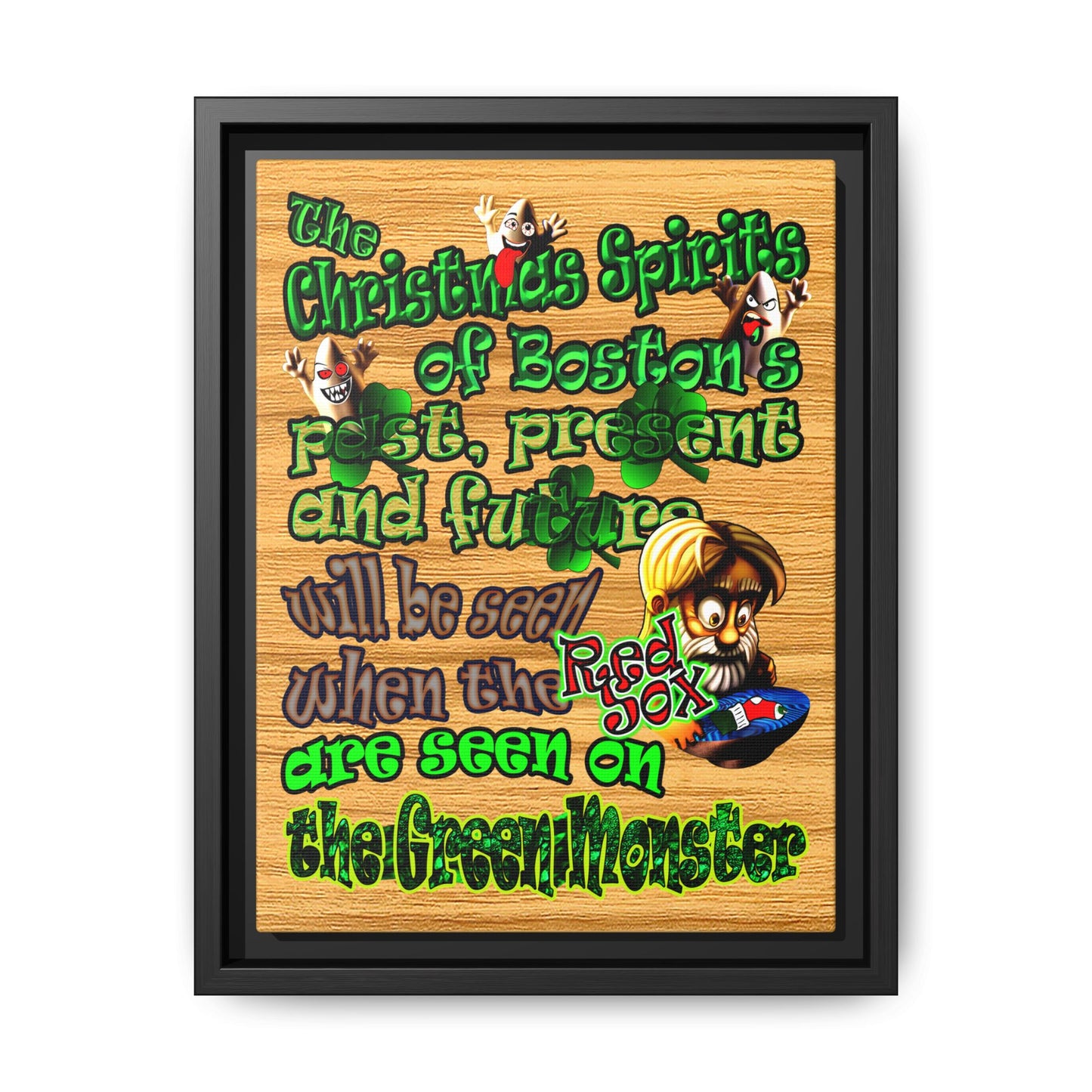 christmas spirits of boston - framed canvas art (butterscotch wood finish)