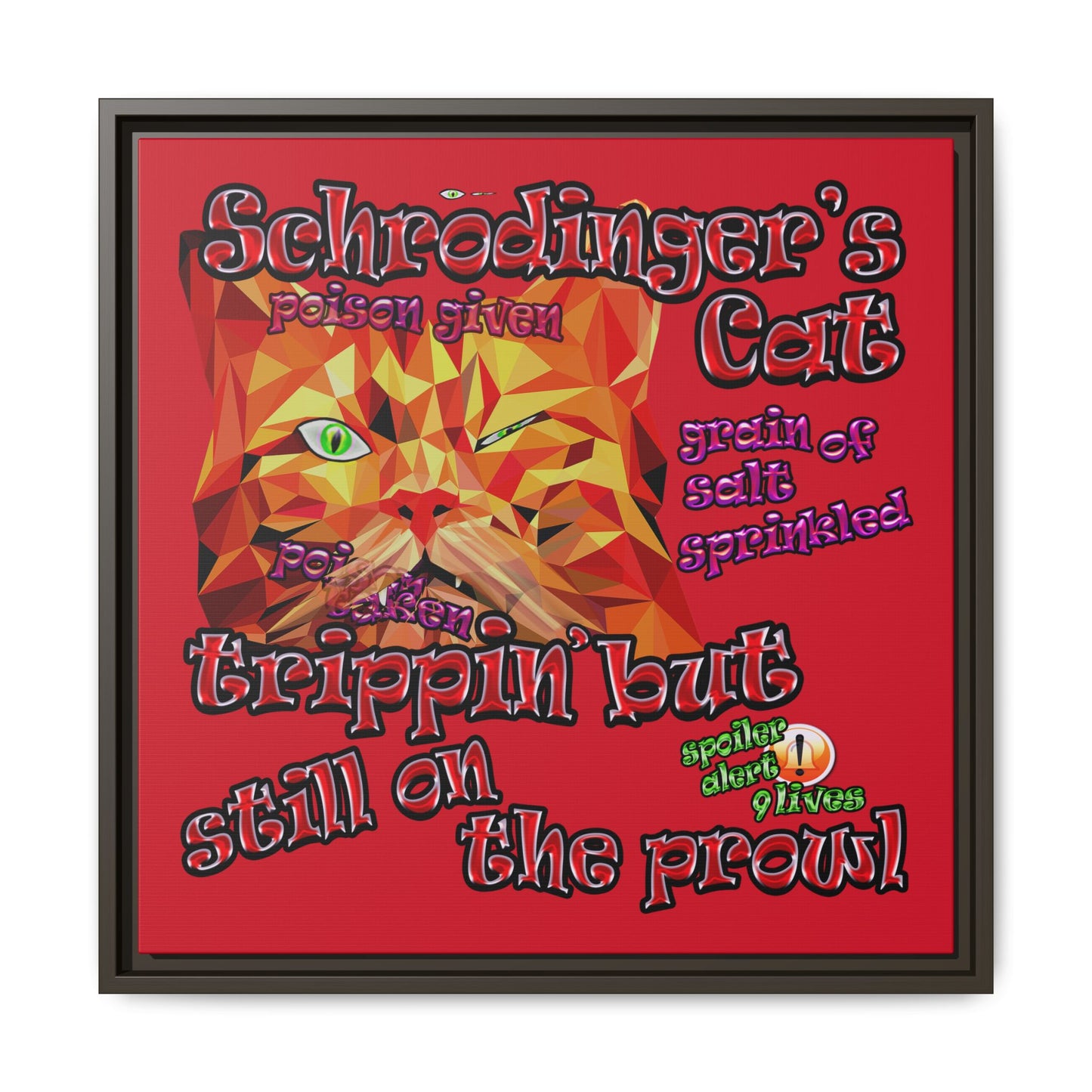 schrodinger's cat - framed canvas art (dark red)