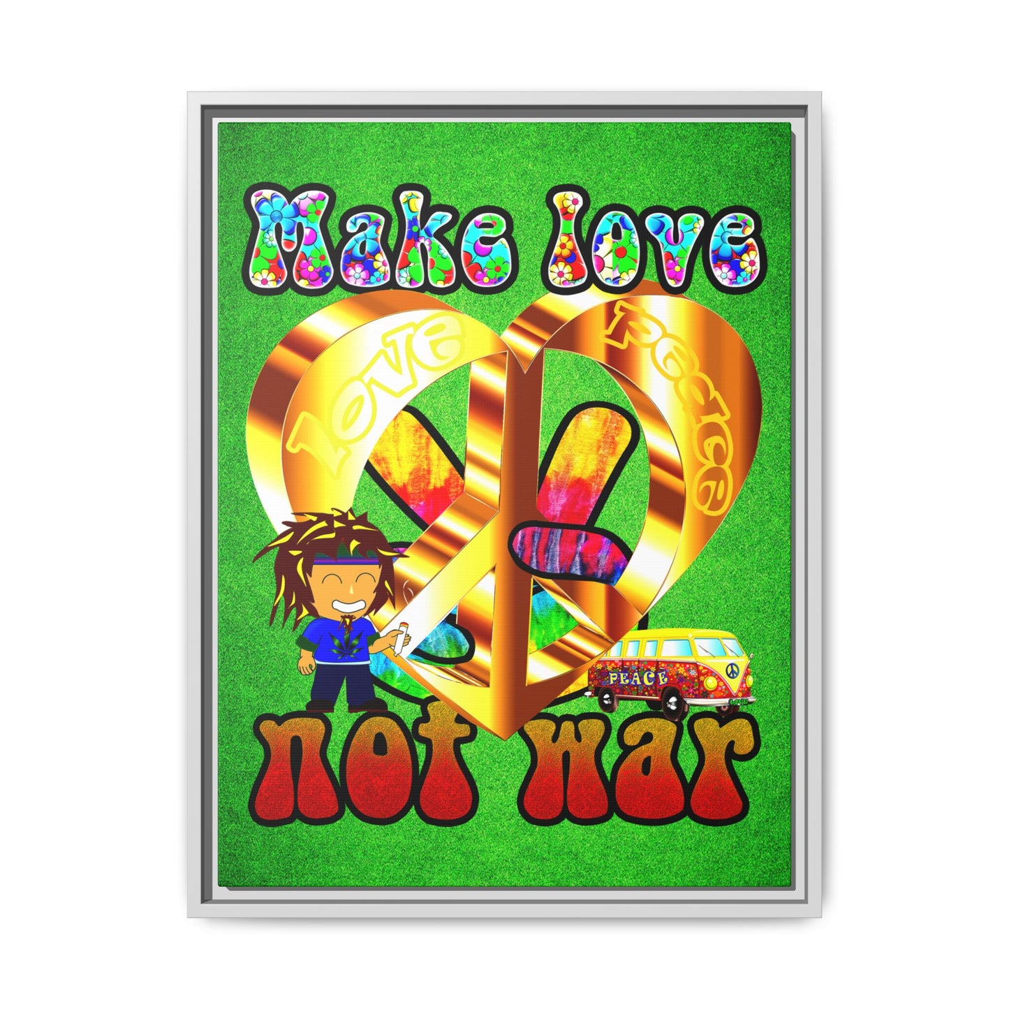 love peace - framed canvas art (green turf)