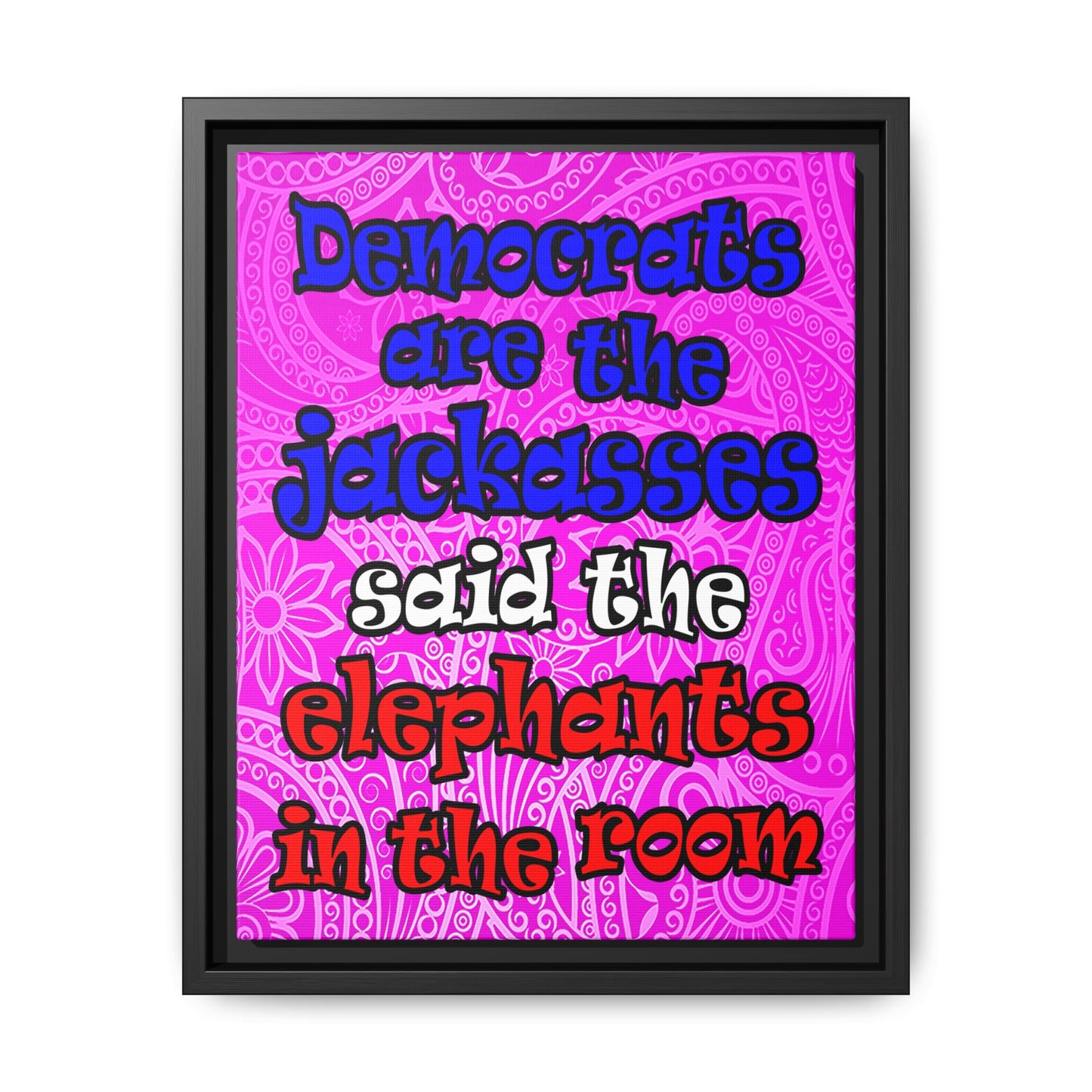 donkeys and elephants - framed canvas art (pink swirl)