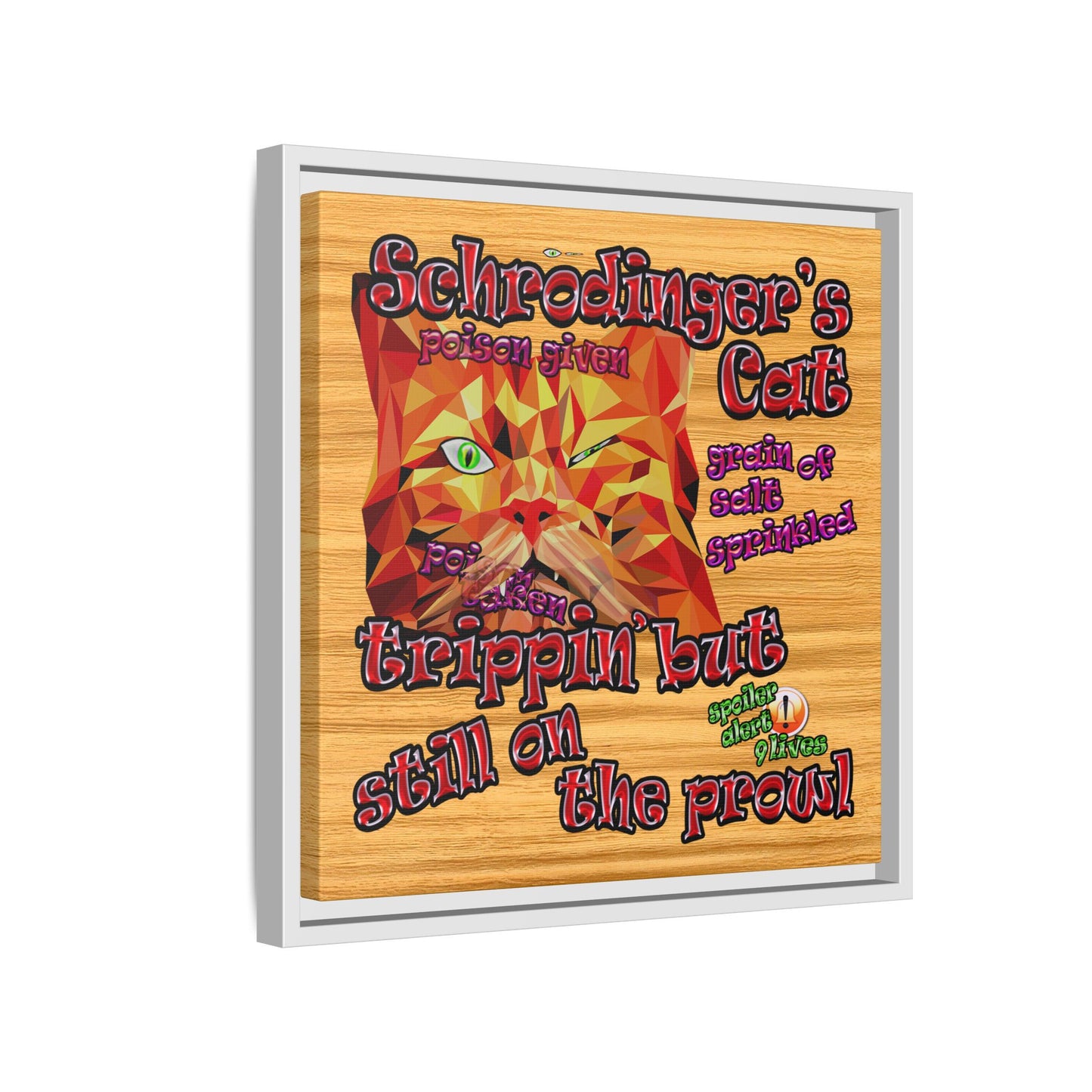 schrodinger's cat - framed canvas art (butterscotch wood finish)